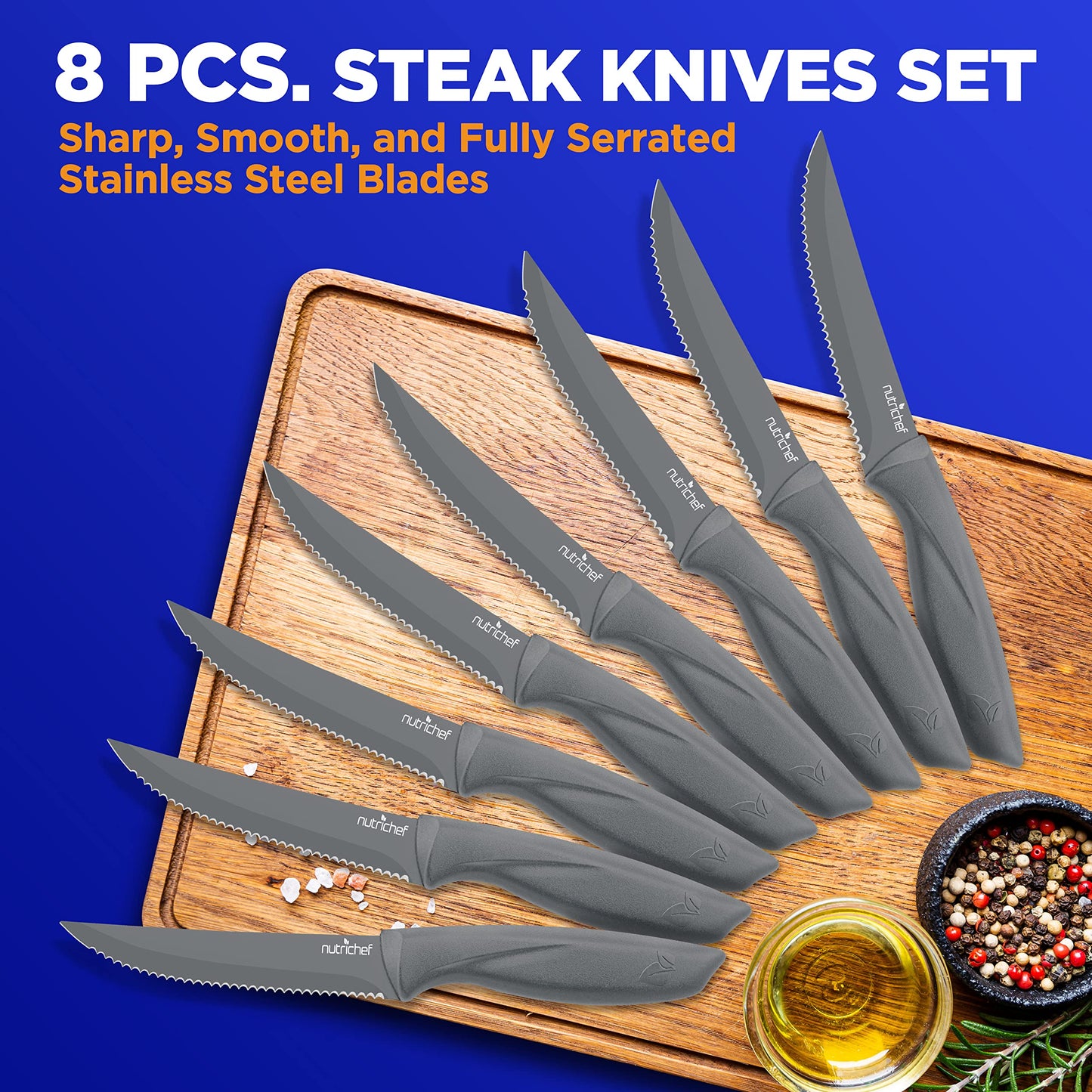 8 Piece Kitchen Knife Set - Multi-purpose Unbreakable Ergonomic Non-stick Stainless Steel Kitchen Steak Knives Set with Fully Serrated Blades - Great for BBQ Grill - NCSK8GY