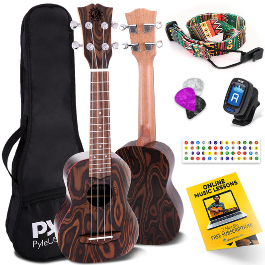 Pyle Mahogany, 4-String Learn to Play Kit-Solid Wood Soprano Ukulele Professional Instrument with Flamed Brown Body, Black Walnut Fingerboard and Bridge PUKT5580