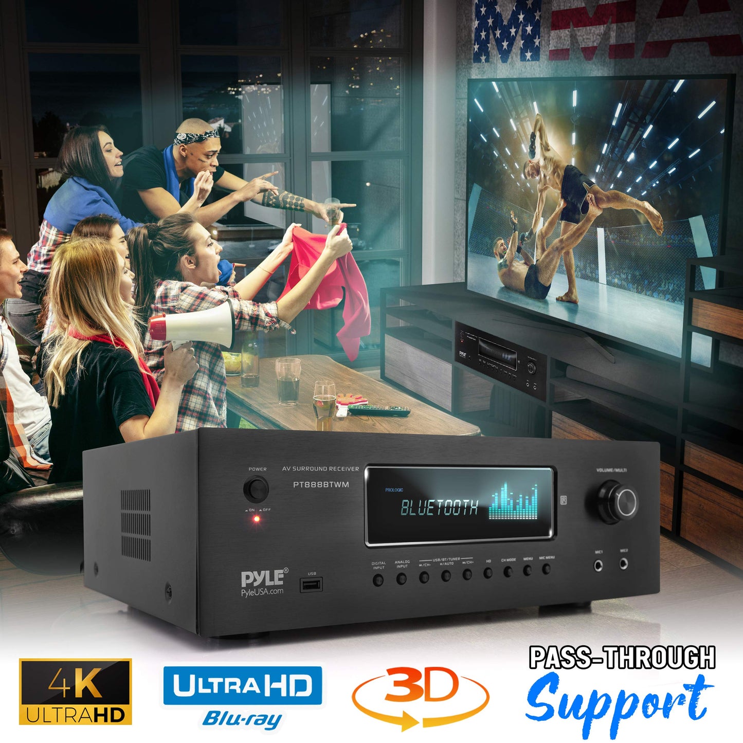 Pyle 1000W 5.2 Channel Home Theater Receiver - Bluetooth 5.0 - Amp w/ 2 UHF Wireless Mics - 4K UHD/3D/Blu-ray Pass-Through - MP3/USB/HDMI/AM/FM Radio - DSP EQ - Mic Echo & Volume Controls - PT888BTWM