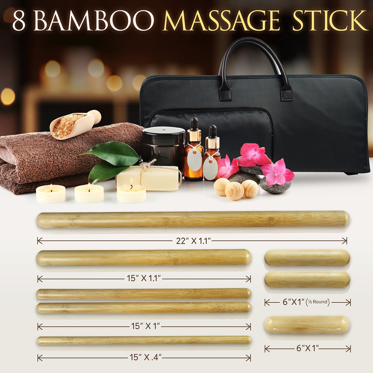 SereneLife Bamboo Massage Sticks Warmer Set with Portable Heating Bag, Electric Professional Massager Heating Therapy Kit with Digital Temperature Controller, 8 Bamboo Massage Sticks (Black)
