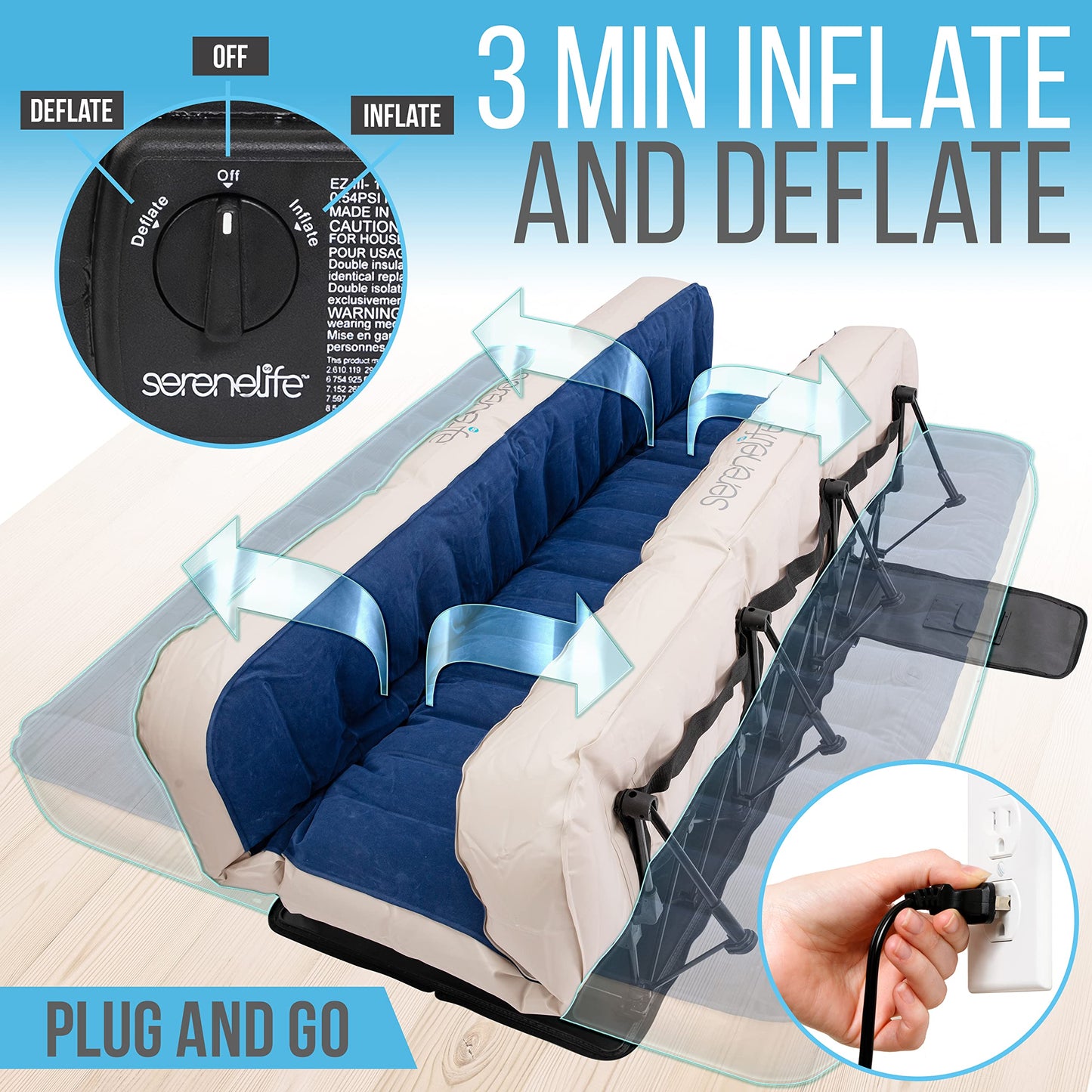SereneLife EZ Bed Air Mattress with Frame and Rolling Case, Self-Inflating Airbed with Built in Pump for Travel and Hosting, Queen