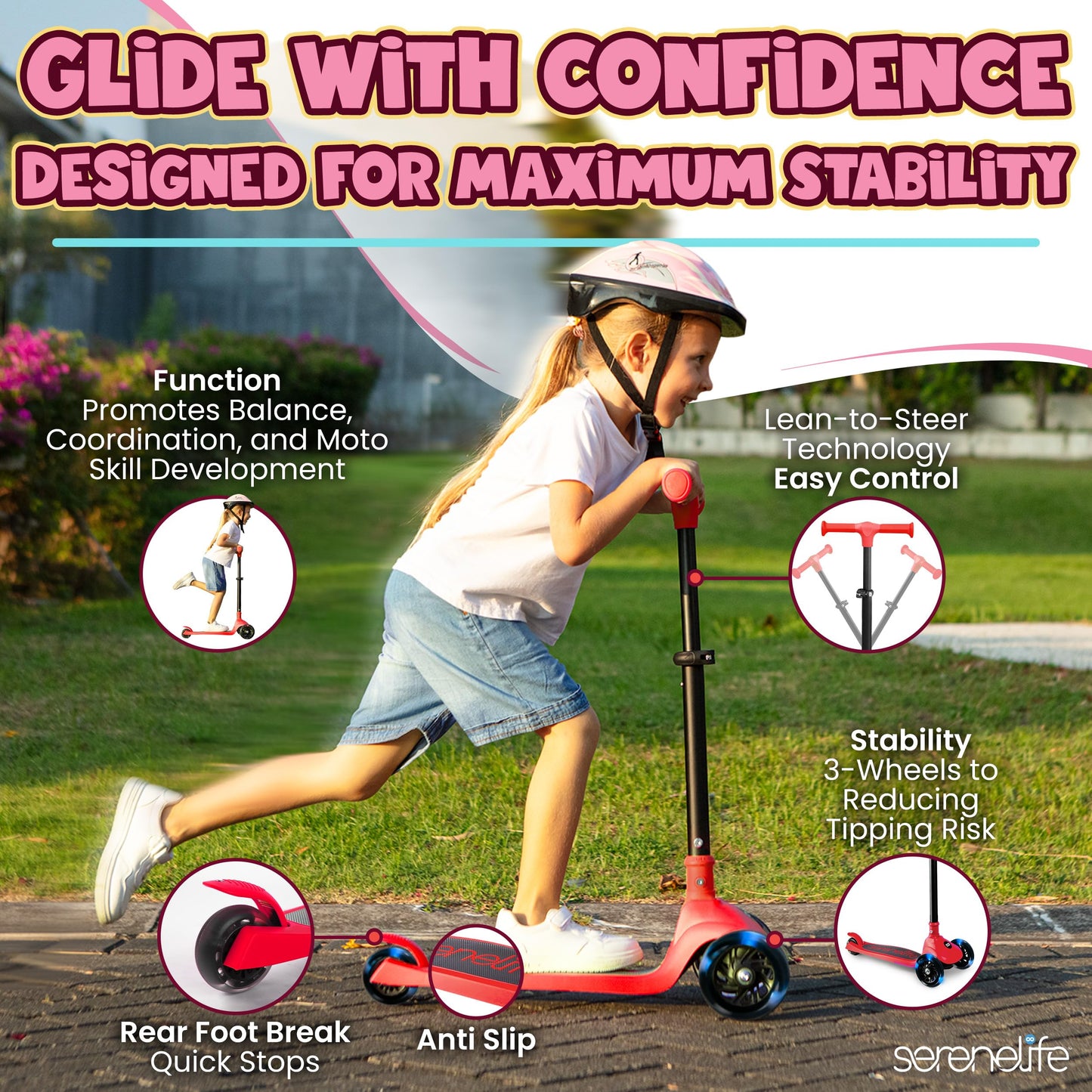SereneLife 3-Wheel Foldable Kids Scooter – LED Wheel Lights, Adjustable Handlebar, Rear Foot Brake, Lean-to-Steer, Anti-Slip Deck – Ideal for Toddlers & Kids 3+, up to 110 lbs