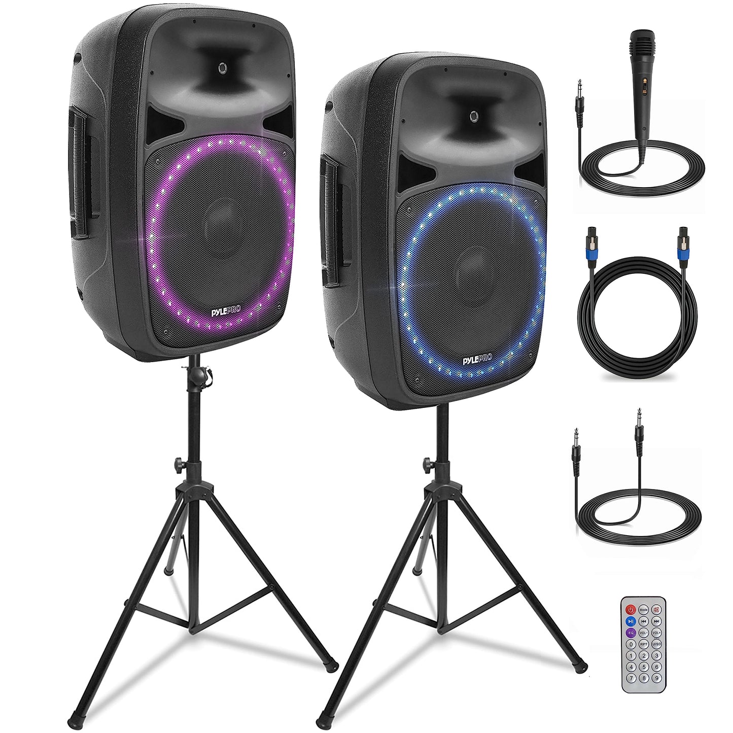 Pyle Wireless Bluetooth PA Speaker - 500W Full Range 15” Active + Passive Outdoor BT Audio System w/Party Lights, FM/AUX/MP3/USB/SD, Mic in, Handle, Wheels - with Stand, Microphone, Remote