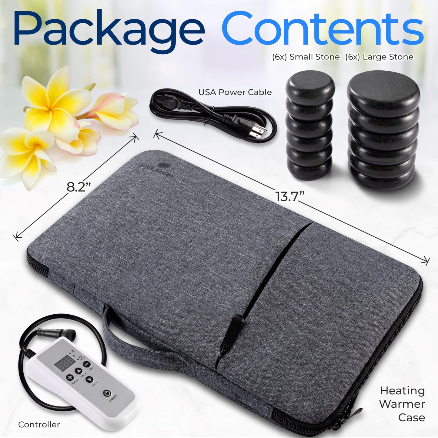 Massage Stone and Heating Bag Set - Electric Spa Portable Heated 12 Rocks Massage Stones and Warmer Set, Heat Rock Massaging Kit 6 Large and 6 Small Black Basalt Kit