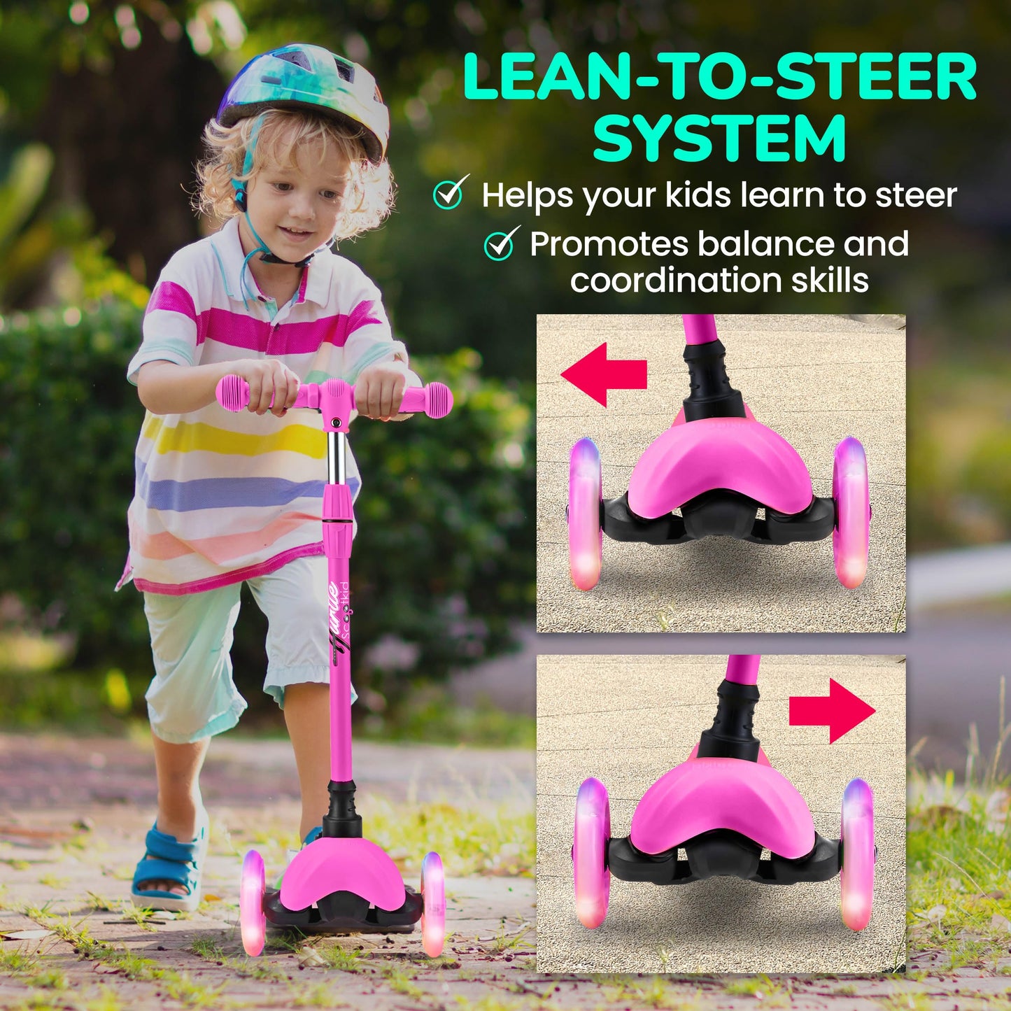 Hurtle Mini Kickboard Scooter for Kids – Height Adjustable 25-28 Inches, 3-Wheel Toddler Micro Scooter with LED Light-up Wheels, Lightweight Riding Toy, Non-Slip, Indoor/Outdoor Fun, Ages 2-5 (Pink)