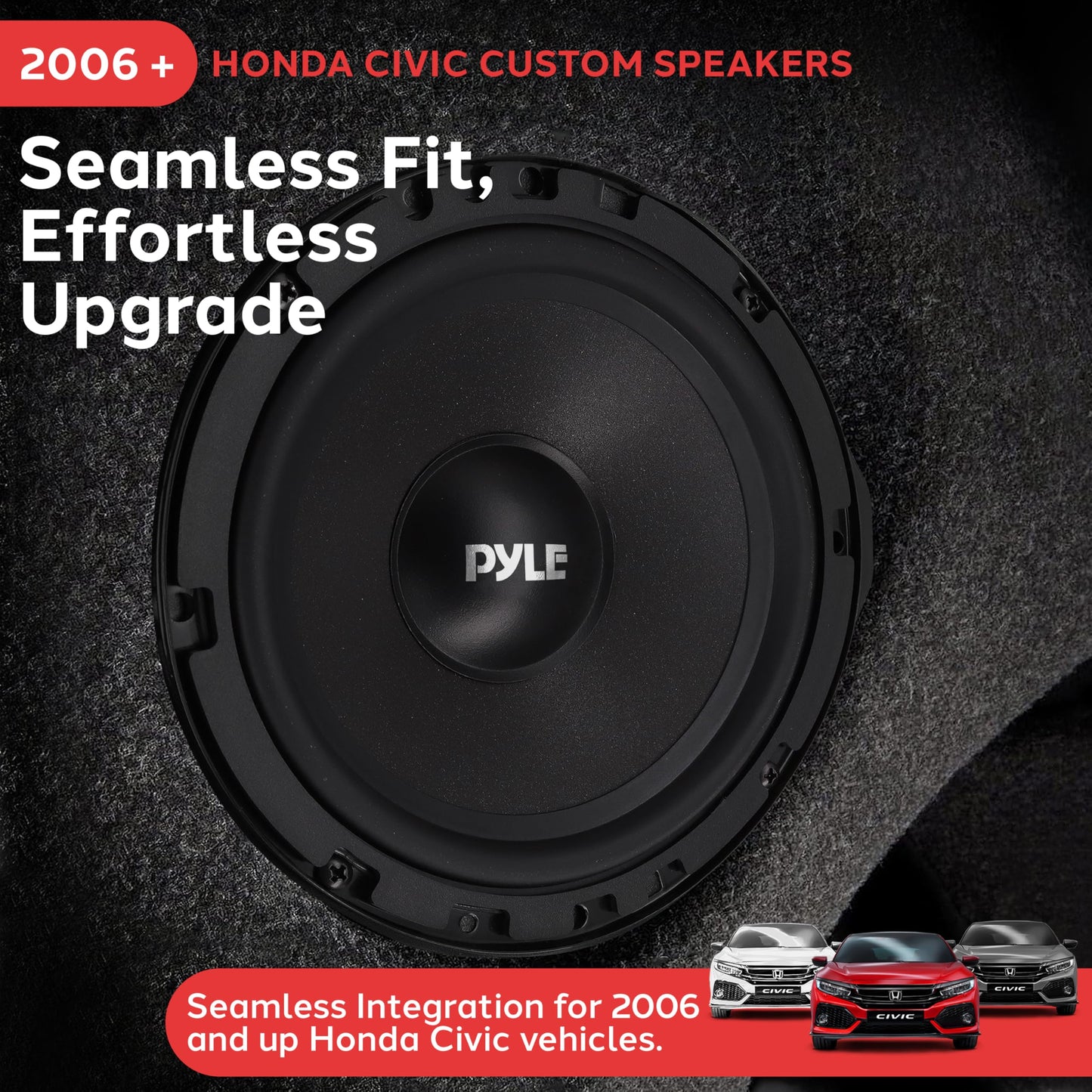 Pyle 2 Way Component Stereo Speaker System for 2006 and Up Honda Civic Vehicles, 300 Watt, 4 Ohm Impedance Two Way Audio Kit, 6.5” Woofers, 1” Tweeters, Butyl Rubber Surrounds, KSV Voice Coils
