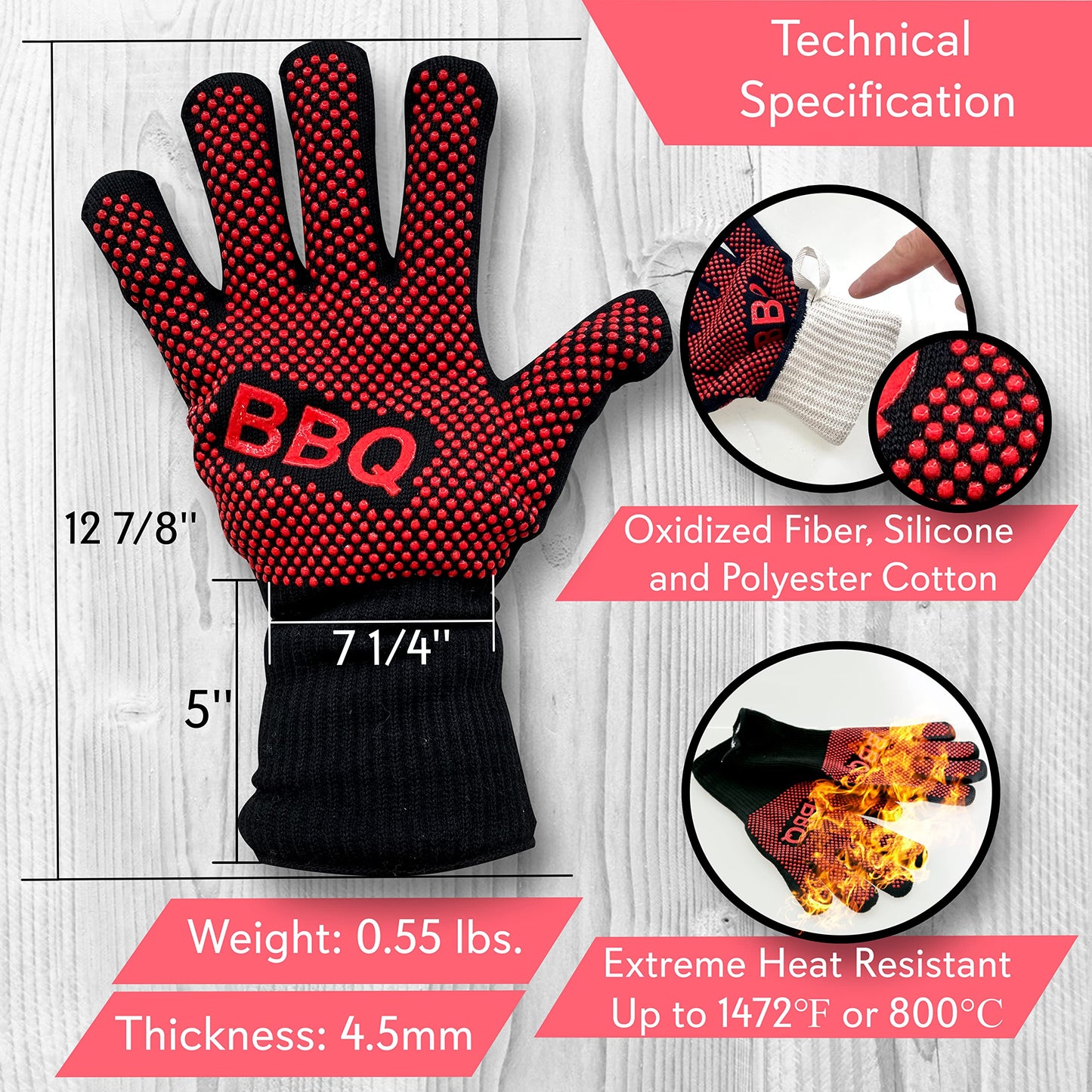 Nutrichef BBQ Gloves 1472°F Heat Resistant | Fireproof Mitts with Silicone Grip | Perfect for Men Who Love Barbecue, Grilling, Cooking, & Camping | 14'IN Food Grade Washable Kitchen Oven Mitts