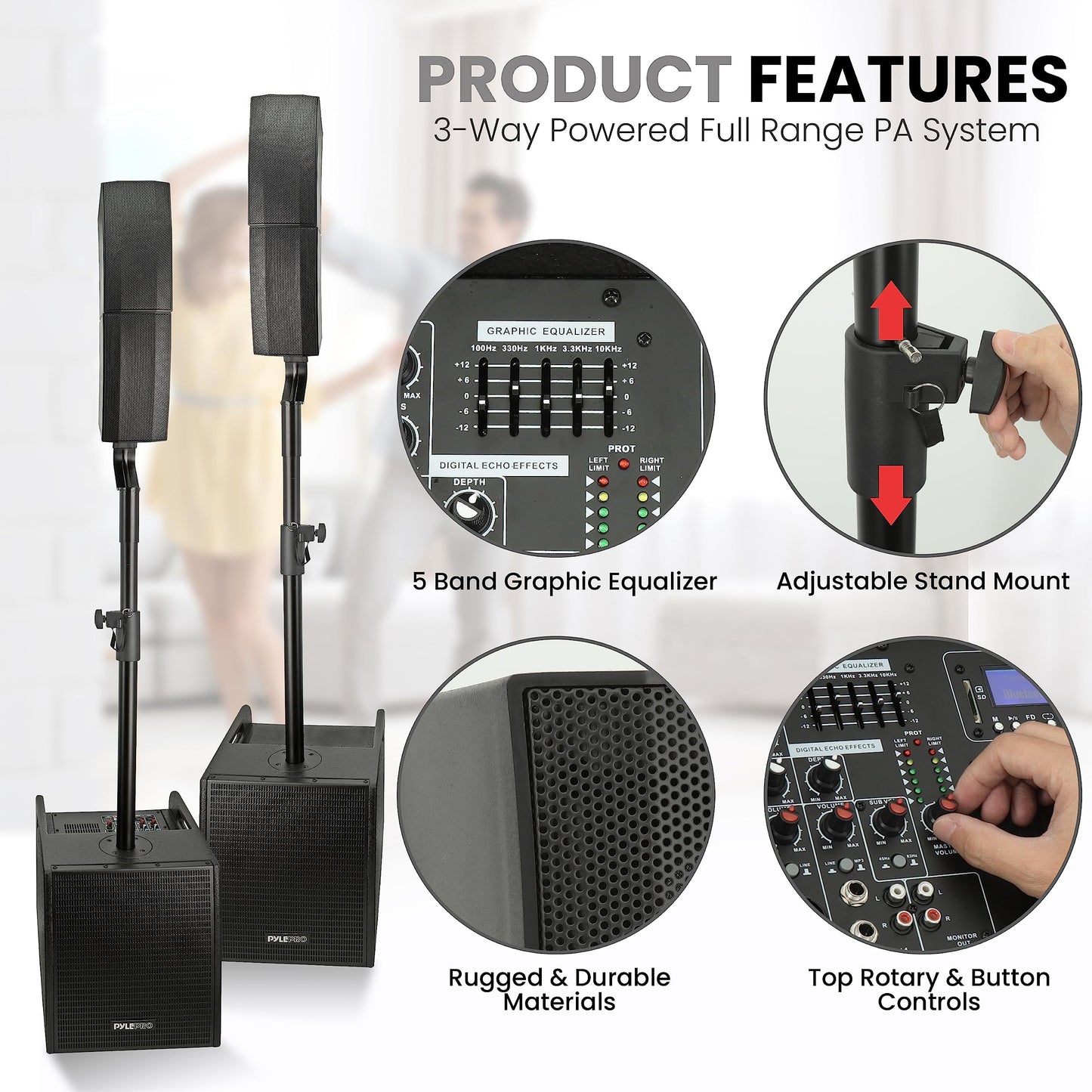 Pyle Line Array Column Speaker - Professional and Compact Sound System with 12 inch Speaker Subwoofer, Streaming, Built-in Digital Audio Amplifier with 5 Band Graphic Equalizer