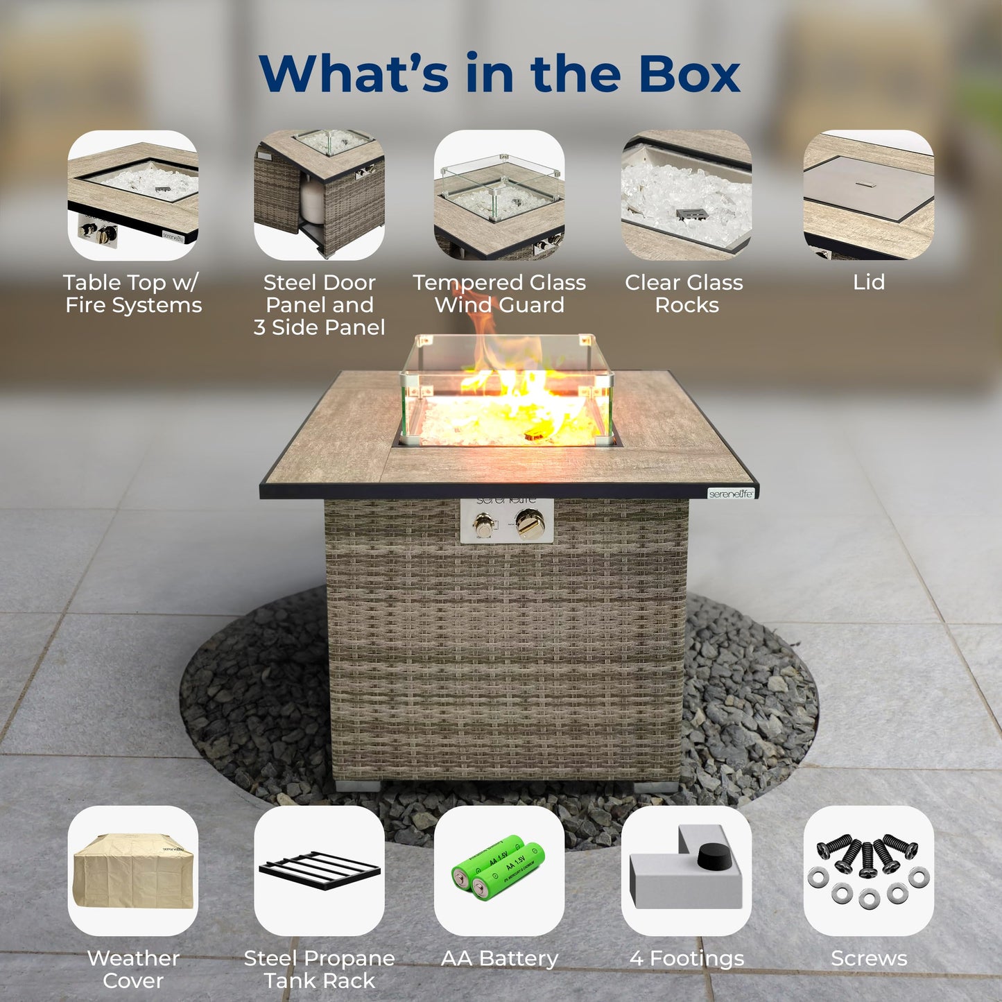 Outdoor Propane Fire Pit Table - CSA/ETL Certified Safe 50,000 BTU Pulse Ignition Weatherproof Square Wicker Propane Gas Fire Table w/Tile Tabletop Adjustable Flame - Glass Rocks