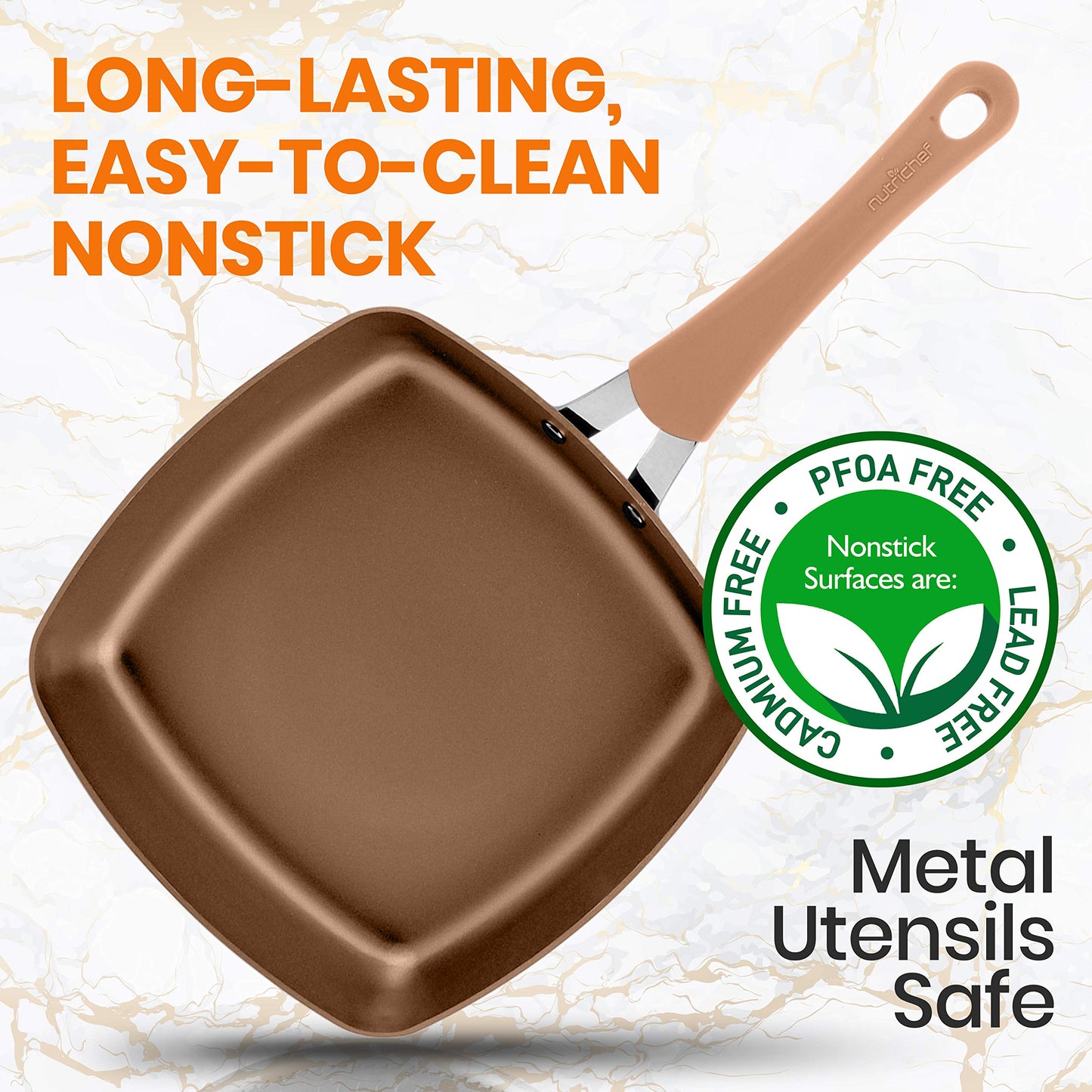 NutriChef 9.45'' Durable Stylish Grill Pan-Non-Stick High-Qualified Cookware, Induction PTFE/PFOA/PFOS-Free Heat Resistant Lacquer Kitchen Ware, Compatible with Models: NCCW14S & NCCW20S, 1, Golden