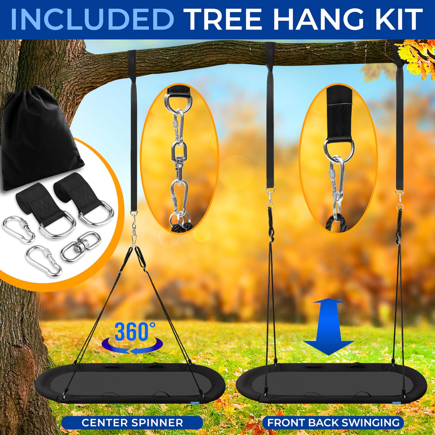 SereneLife 67" Oval Saucer Swing - Giant Outdoor Swing Set with Universal Hanging Kit, Swinging Seat Spinner with Carry Bag, Weatherproof, Water-Resistant, Supports Up to 700 lbs, Black