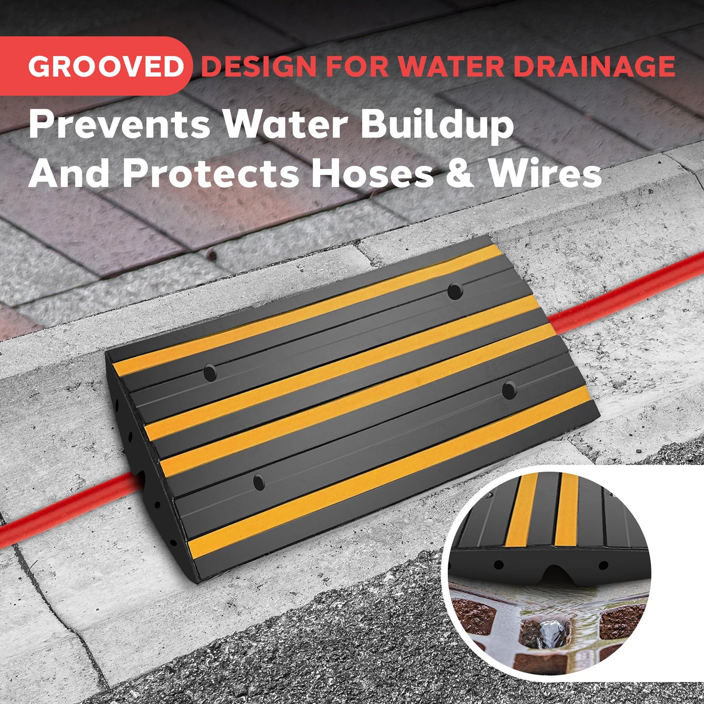 Pyle 2 Ft. Rubber Threshold Curb Ramp, Heavy Duty, Non-Slip, Marine Grade Waterproof, Green Reflective Strip, Single Driveway Ramp for Vehicles, RVs, and Wheelchairs, 24.0’’x16.0’’x2.6’’Inches