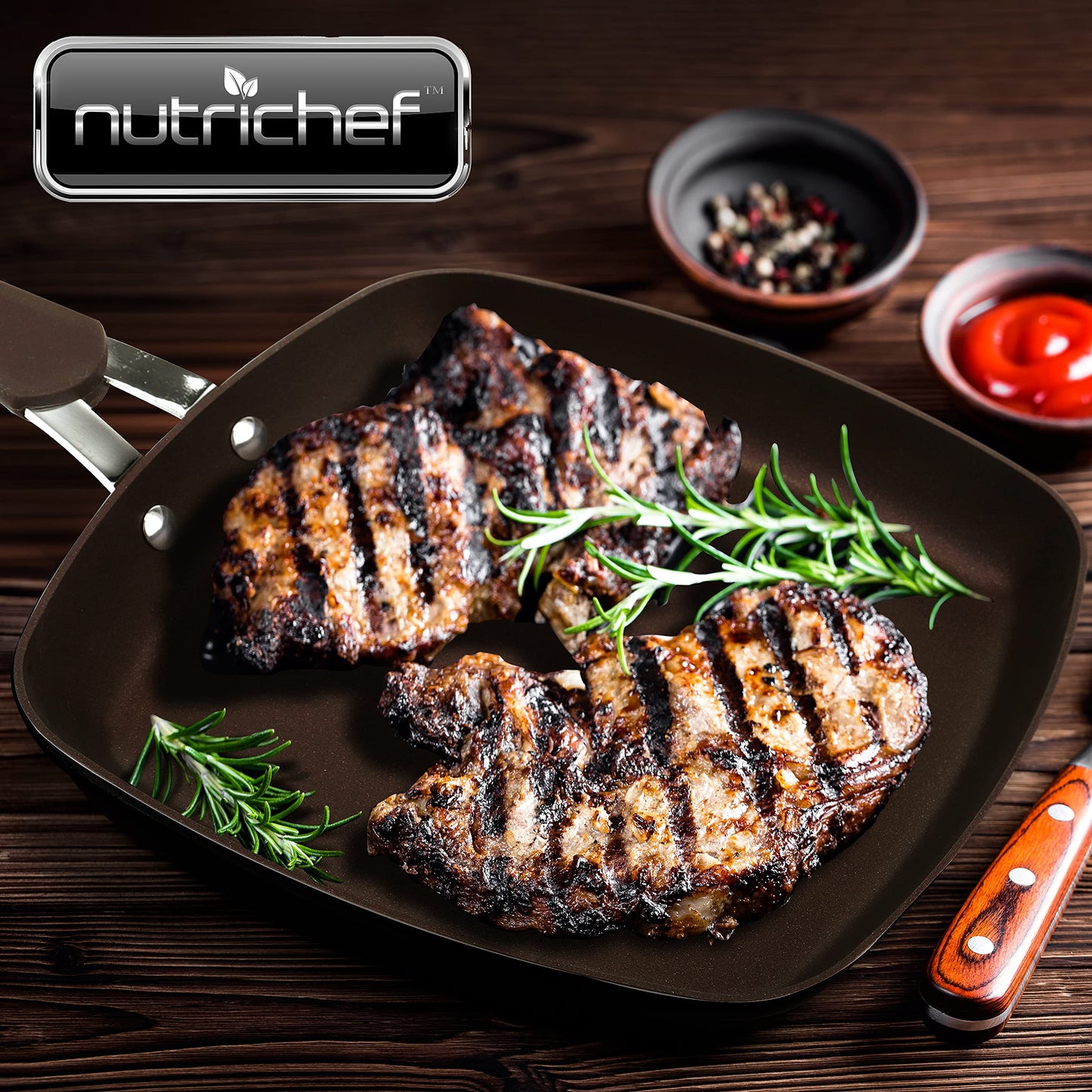 NutriChef 9.45'' Grill Pan - Non-Stick High-Qualified Kitchen Cookware, Safe for Gas, Electric, Ceramic & Induction Counter Cooktops (Works with Models: NCCW14SBR & NCCW20SBR) NCCW14SBRGRILLP