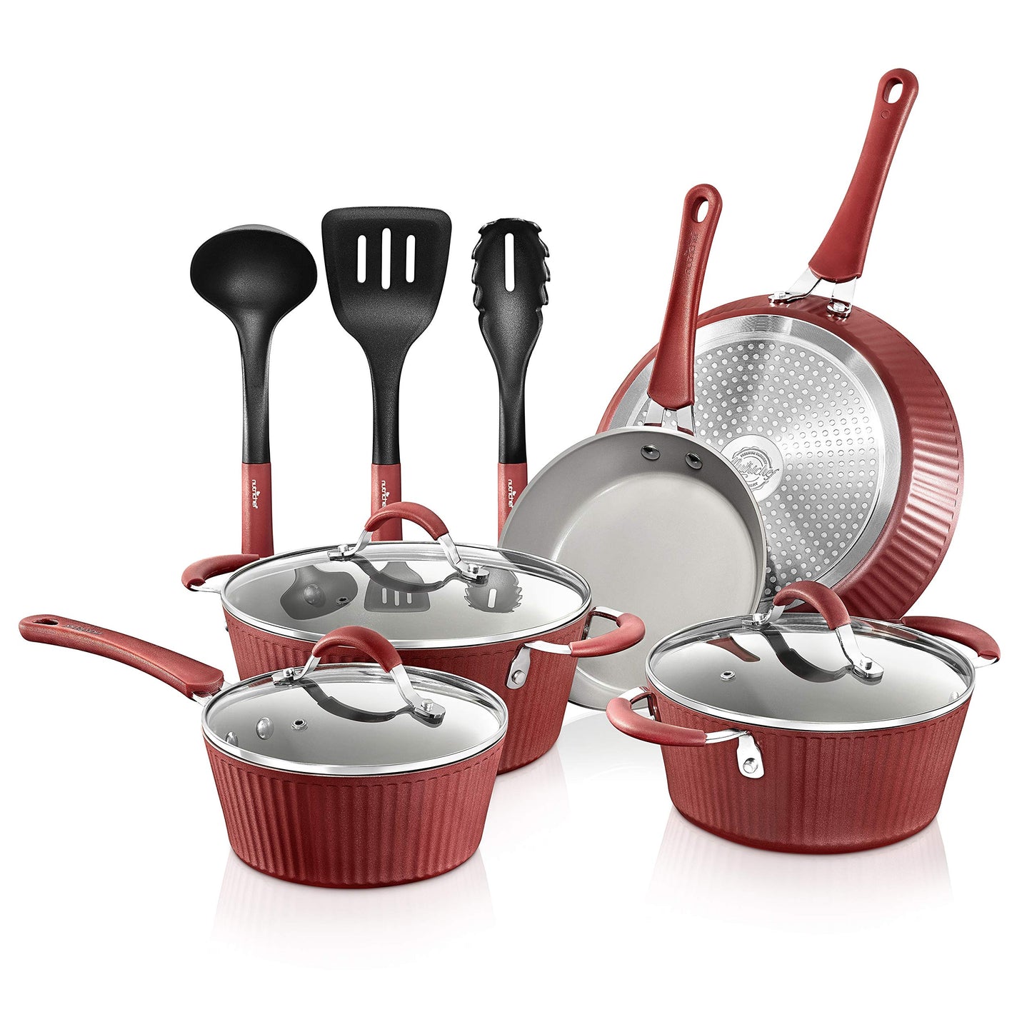 Non-stick Kitchenware Pots & Pans - 11 Pcs. Stylish Kitchen Cookware Set w/Elegant Lines Pattern, Gray Inside & Red Outside, Metal + Silicone Handle, PTFE/PFOA/PFOS Free - NutriChef NCCW11RDL
