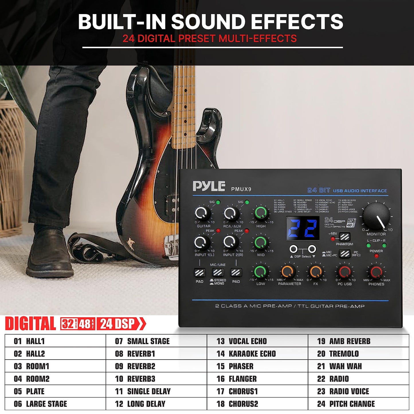 Pyle USB Audio Interface - MIC/LINE - Guitar - AUX Stereo & RCA Inputs - Preset 24 Digital Effects - Phantom Power - Phone/Stereo/Monitor/Headphone Outputs - For Computer Playing & Recording - PMUX9