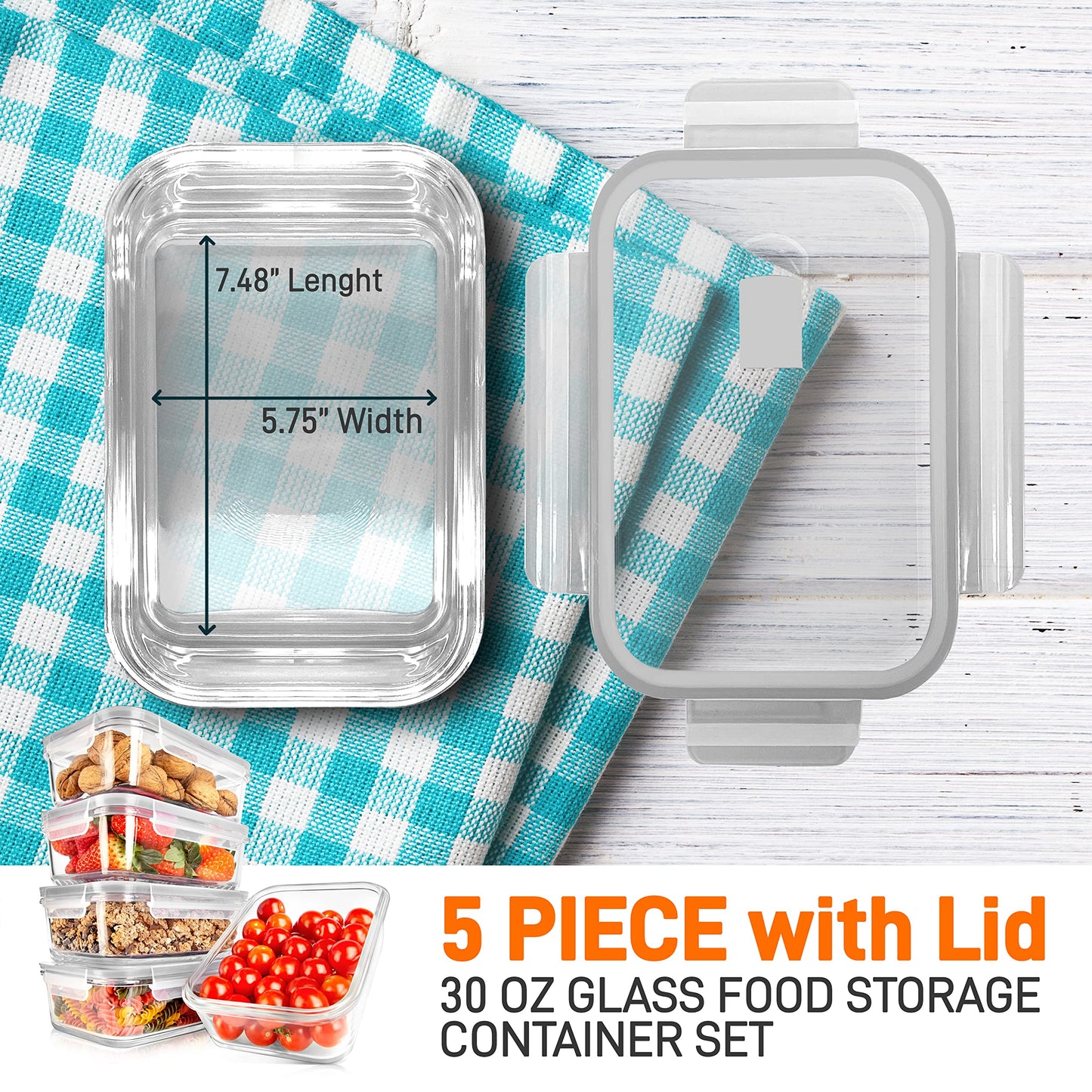 NutriChef 10-Piece Superior Glass Food Storage Containers Set (5 Containers + 5 Locking Lids),Stackable Meal-prep Design, BPA-free Airtight Clear Locking lids with Vent Lids & Air Hole, Gray