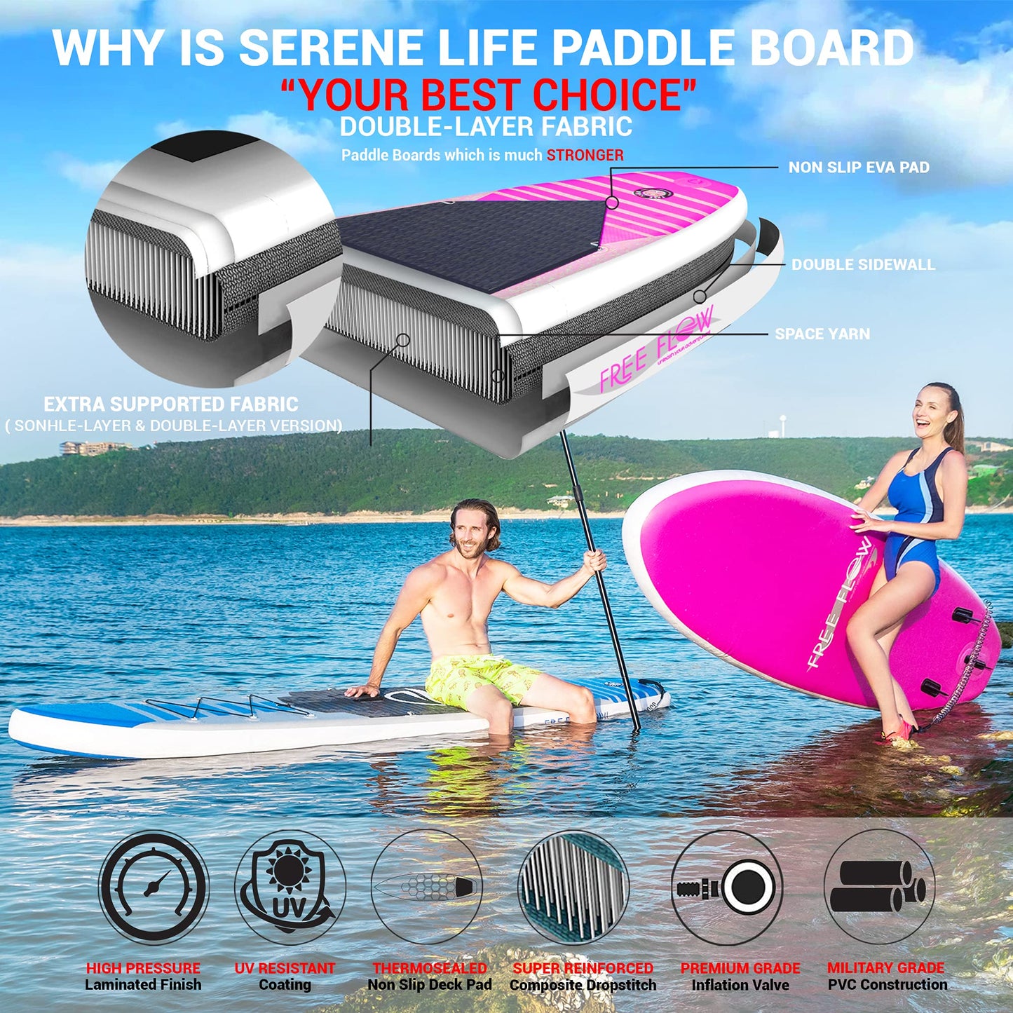 SereneLife Inflatable Stand Up Paddle Board (6" Thick) with Premium SUP Accessories & Carry Bag | Wide Stance, Bottom Fin for Paddling, Surf Control, Non-Slip Deck | Youth & Adult Standing Boat, Pink