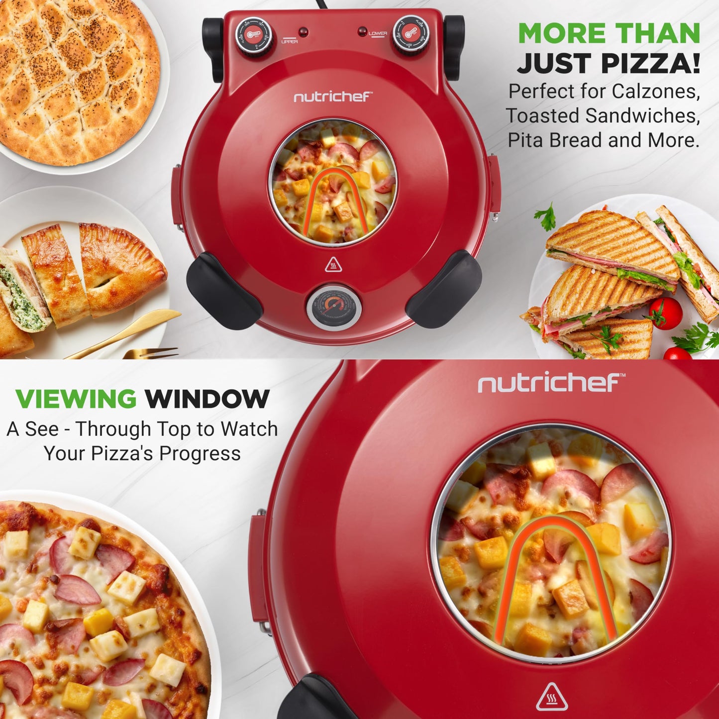 NutriChef Electric Pizza Oven | 12 Inch Countertop Pizza Maker with Temperature Control & Thermometer | Viewing Window for Precise Cooking | Heats up to 800F | Easy to Clean Non-Stick Stone | Red