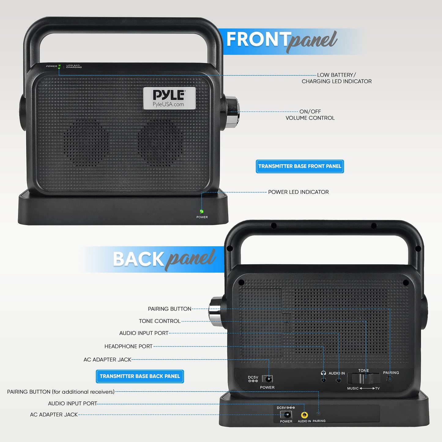 Pyle Wireless Portable Speaker Soundbox - 2.4ghz Full Range Stereo Sound Digital TV MP3 iPod Analog Cable w/ Headset Jack Voice Enhancing Audio Hearing Assistance - PTVSP18BK
