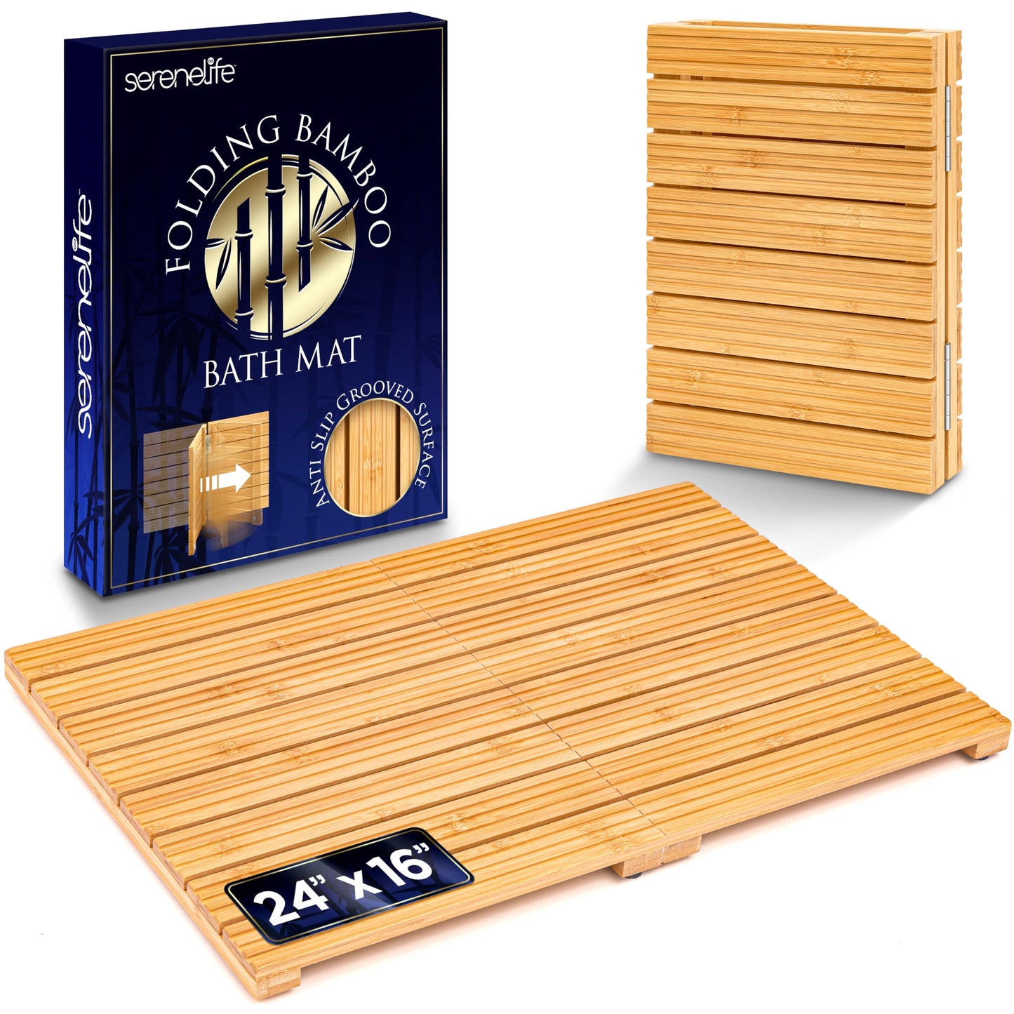 SereneLife Foldable Bamboo Bath and Shower Mat, Non-Slip Floor Mat for Bathroom, Sauna, Spa - Dual Non-Slip Surfaces, Withstands up to 300lbs Weight, Easy Storage - Natural
