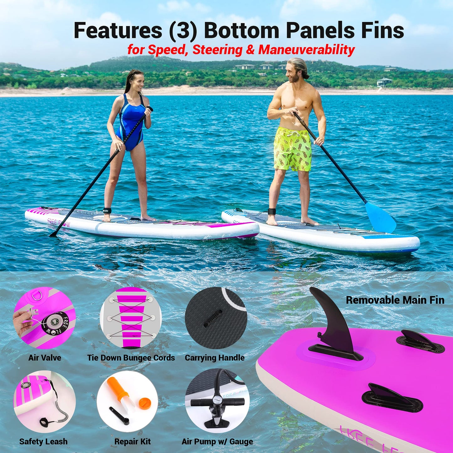 SereneLife Inflatable Stand Up Paddle Board (6" Thick) with Premium SUP Accessories & Carry Bag | Wide Stance, Bottom Fin for Paddling, Surf Control, Non-Slip Deck | Youth & Adult Standing Boat, Pink