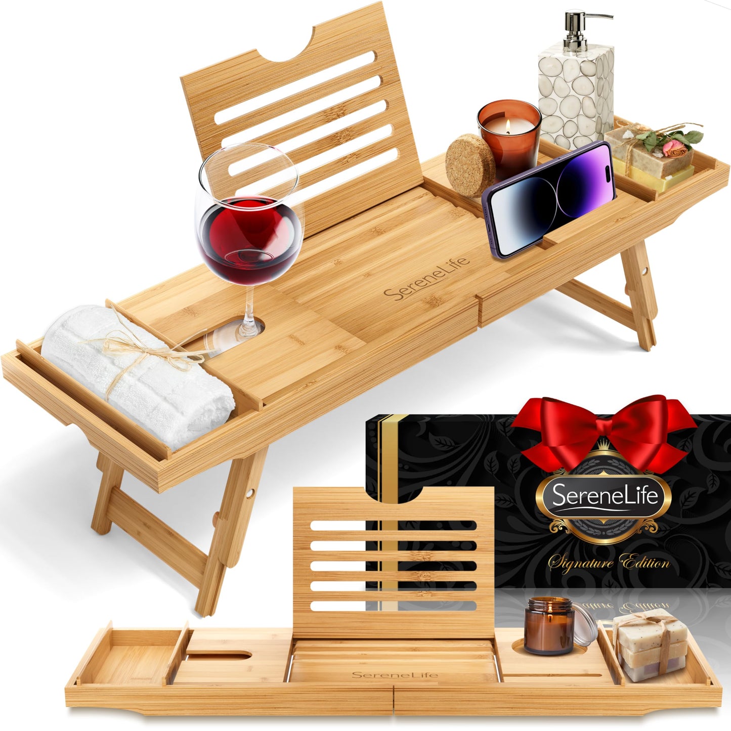 SereneLife Bath Caddy Breakfast Tray Combo with Gift Box-Natural Bamboo Wood Waterproof Bath Tub Caddy and Bed Tray with Folding Slide-Out Arms,Device Grooves,Wine Glass and Soap Holder