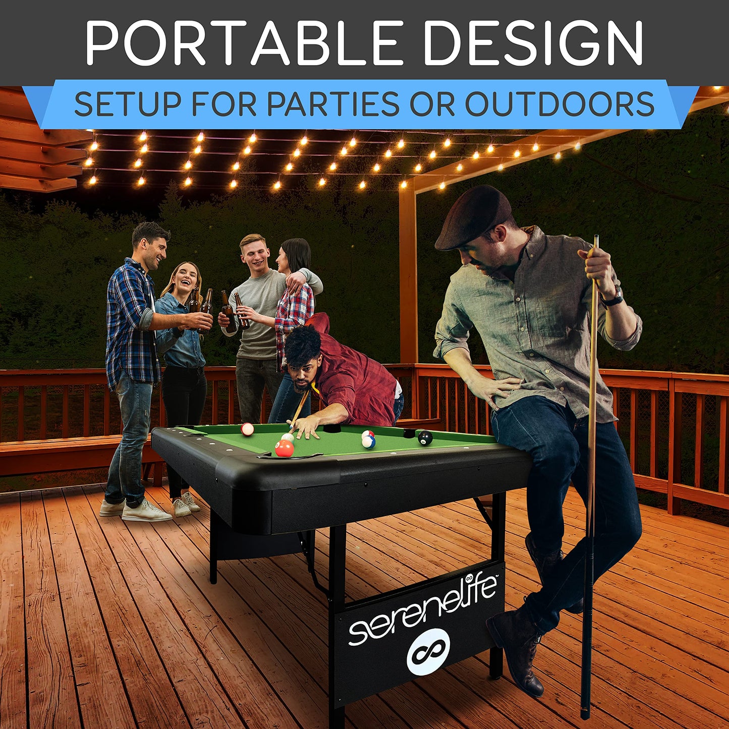 SereneLife 6-Ft Folding Pool Table - Portable Billiard Table - Includes 2X Cue Sticks, Full Set of Balls, Chalk, Brush - Foldable for Kids and Adults - SLPLTB76
