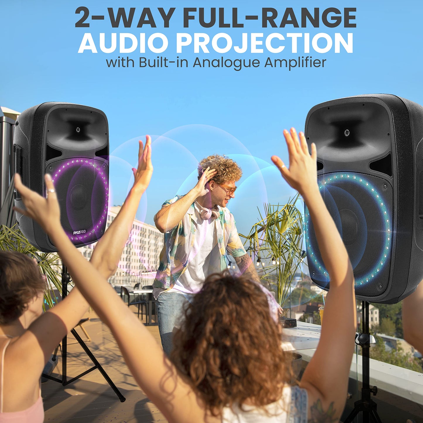 Pyle Wireless Bluetooth PA Speaker - 500W Full Range 15” Active + Passive Outdoor BT Audio System w/Party Lights, FM/AUX/MP3/USB/SD, Mic in, Handle, Wheels - with Stand, Microphone, Remote