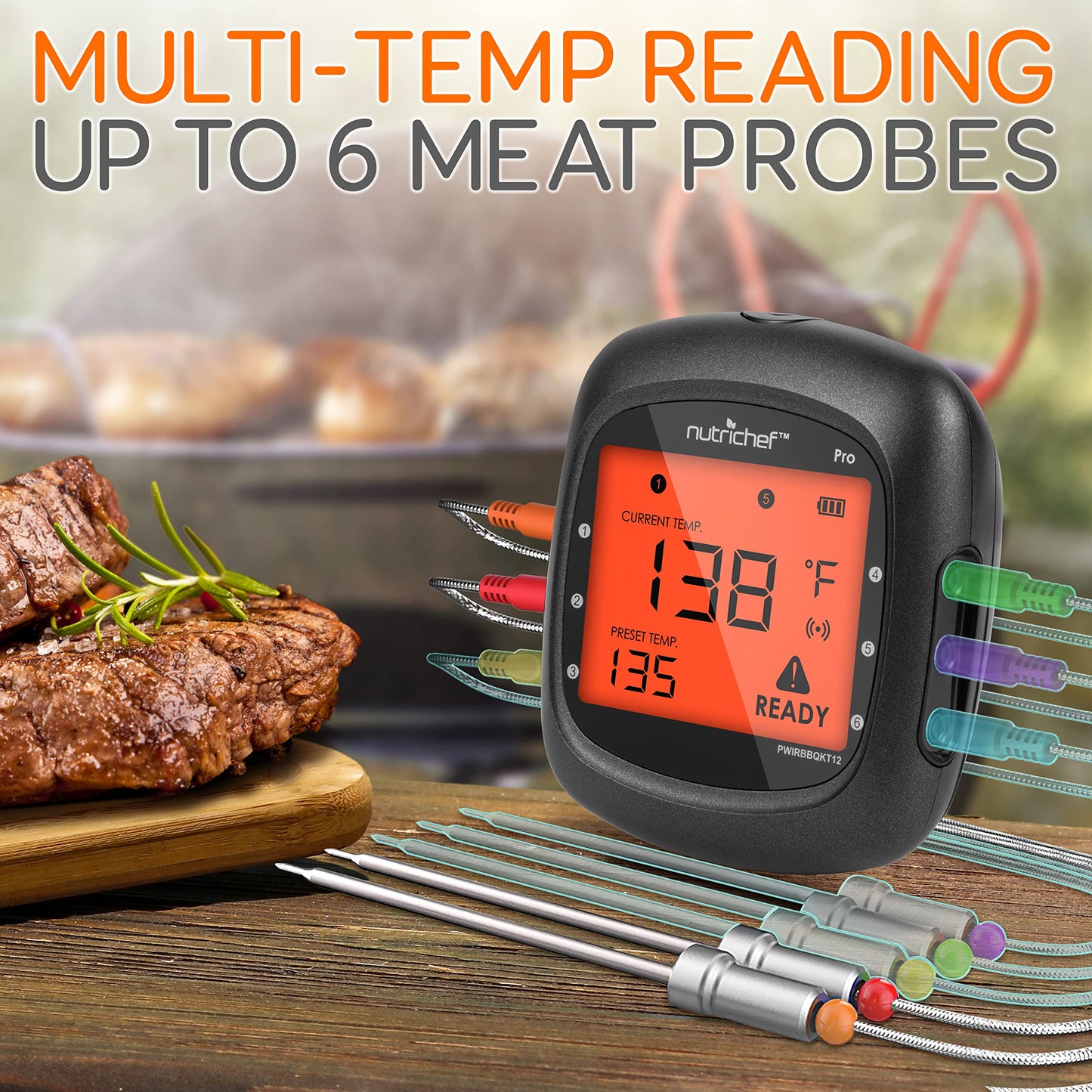 NutriChef Smart Bluetooth BBQ Thermometer with Travel Zip Case, Upgraded Stainless w/ 2 Temperature Probes, LCD Display, Done Alarm Android iPhone, Gas Charcoal BBQ Smoker Temp Monitoring