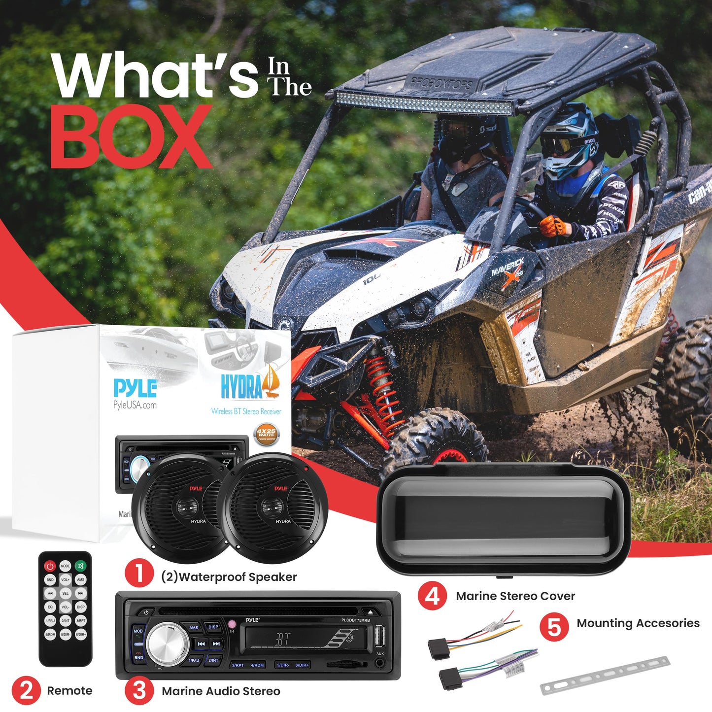 Pyle, Bluetooth Car Stereo, Single DIN Radio, Marine Stereo Receiver Kit with Waterproof 6.5” Speakers, MP3/USB/SD/AUX/FM, Built-in Microphone, Remote Control, Water-Resistant Radio Shield