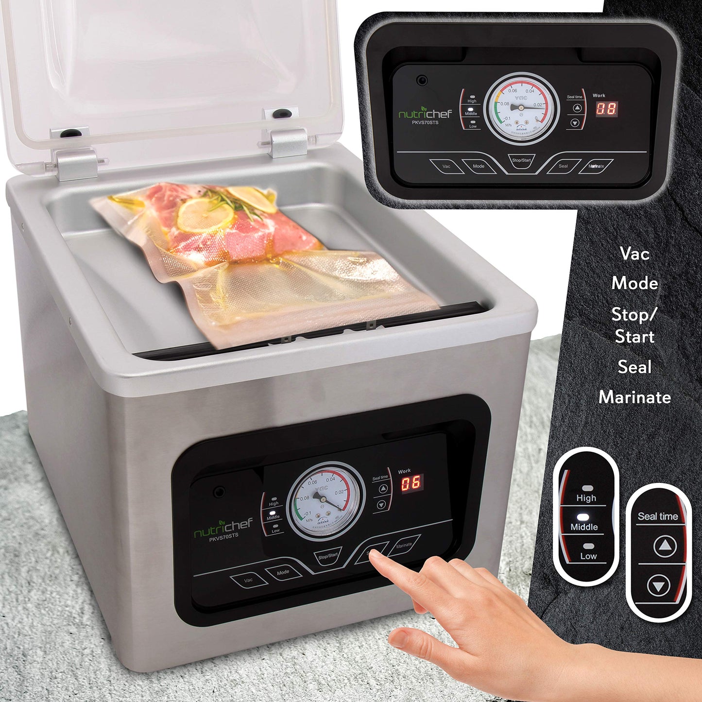 NutriChef Food Saver Vacuum Sealer Machine-Compact 350W Sous Vide Vacuum Sealer with 8L Chamber-Airtight Food Storage System for Home & Commercial Use, Includes Vacuum Sealer Bags, Rolls & Accessories