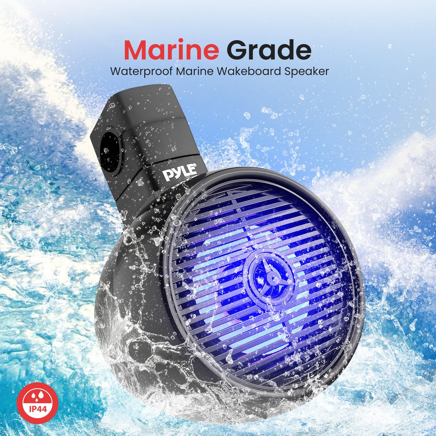 Pyle Bluetooth Waterproof Off-Road Speakers - 8” 300W 2-Way Marine Wakeboard Tower Sound System w/LED Light, Full Range Outdoor Stereo Speaker for Car ATV UTV, Jeep, Boat, Includes Brackets (Black)