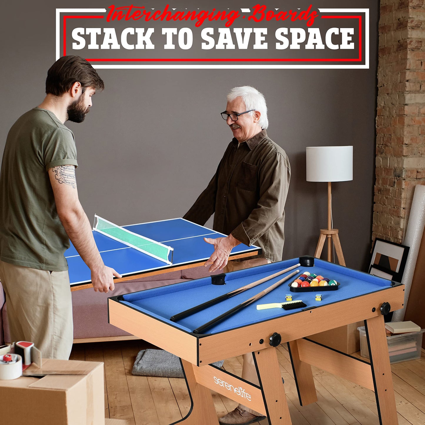 SereneLife 5in1 Folding Multi Game Table, 40" Full Size Combo Sports Arcade Game with Foosball Soccer, Ping Pong, Pool Billiards, Bowling & Shuffleboard Set, Wood Construction for Play Rec Room