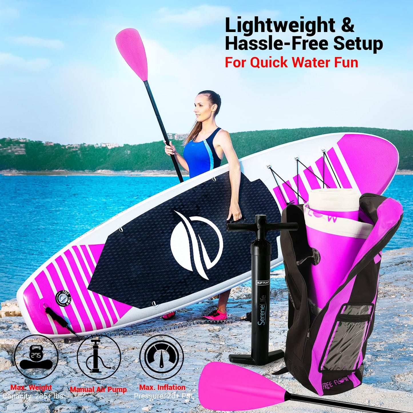 SereneLife Inflatable Stand Up Paddle Board (6" Thick) with Premium SUP Accessories & Carry Bag | Wide Stance, Bottom Fin for Paddling, Surf Control, Non-Slip Deck | Youth & Adult Standing Boat, Pink