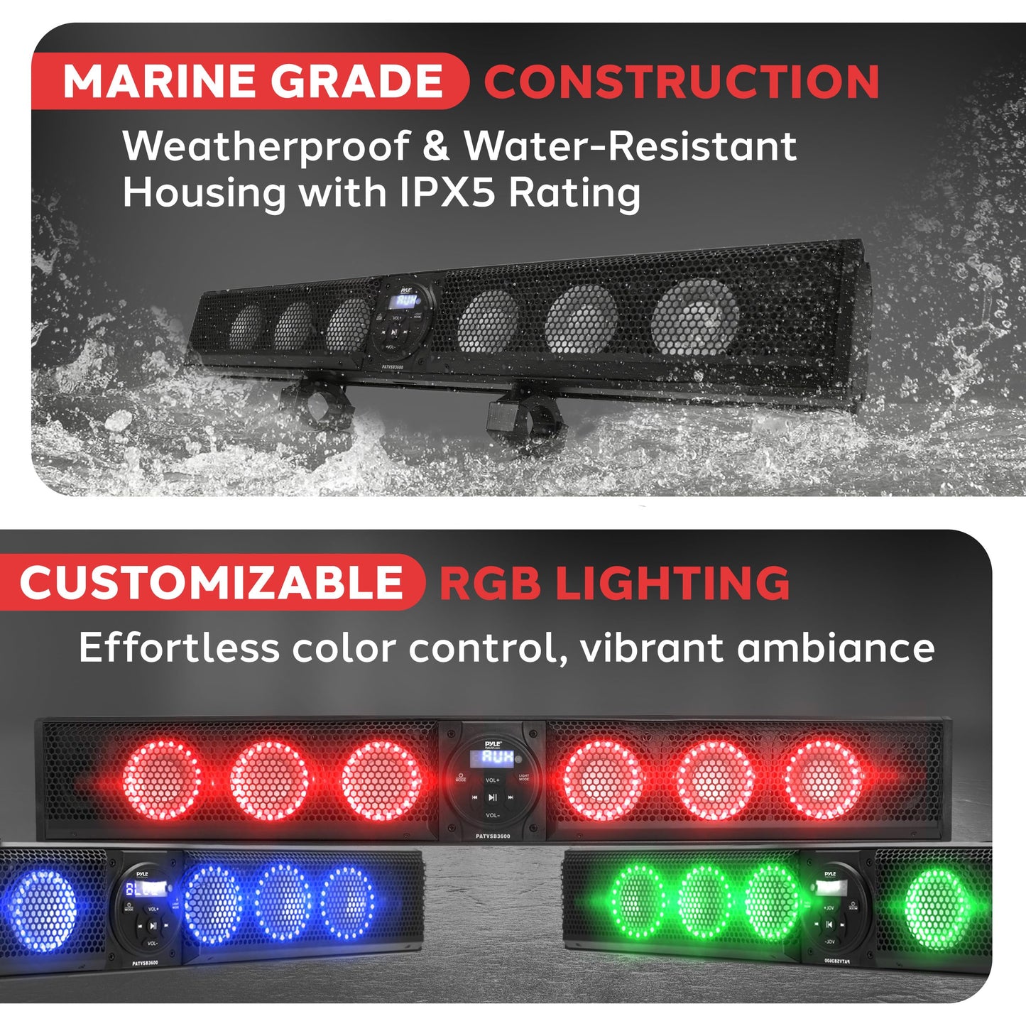 Pyle 36" Marine Sound Bar Speaker System for ATV/UTV with Bluetooth, 270W Peak Power, Built-in Amplifier, 6x4 Woofers, 2x1 Treble, Remote Control, USB/AUX Input, Handlebar Mount, IPX5 Waterproof