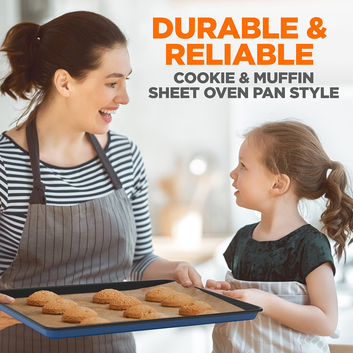 NutriChef 8-Piece Nonstick Stackable Bakeware Set - PFOA, PFOS, PTFE Free Baking Tray Set w/Non-Stick Coating, 450°F Oven Safe, Round Cake, Loaf, Muffin, Wide/Square Pans, Cookie Sheet (Blue)