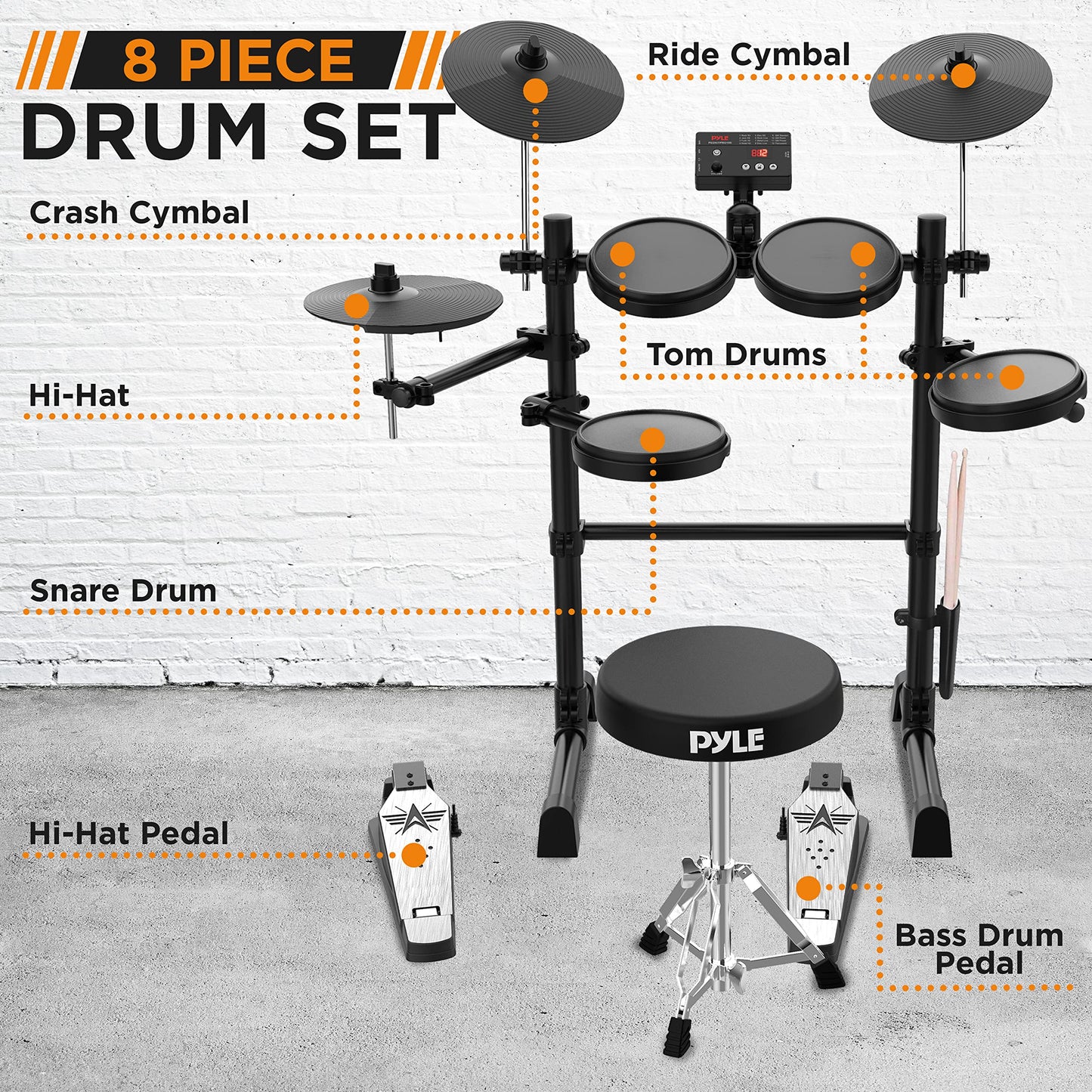Pyle 7-Piece Electric Drum Set, Electronic Drumming Kit Machine with MIDI Support, Preloaded Sounds, Record Mode, Cymbals, Digital Foot Pedals, Sound Module, Drumsticks, Mac/PC Compatible