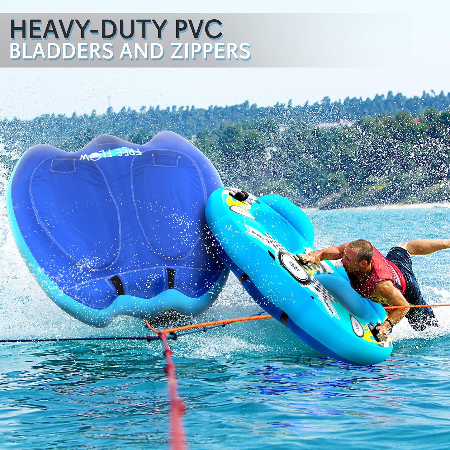 Serene Life Watersports Inflatable Towable Booster Tube - Two Person Water Boating Float Tow Raft, Inflatable Pull Boats/Tubes/Towables w/ Dual Seats, PVC Bladder, Foam Pad, Nylon Handles SLTOWBL10