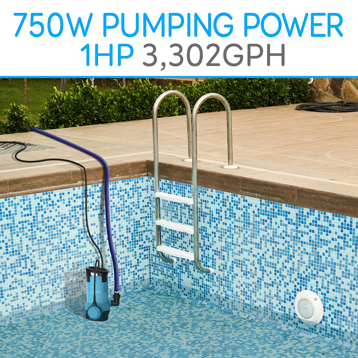 SereneLife 1HP Sump Pump Submersible, 3300GPH Water Pump for Pool Draining with Auto Float Switch, 3pc Adapter Set for USA Garden and Flat Hose, 16ft Cord, Clean Dirty Water, Yard, Pool, Tub, Pond