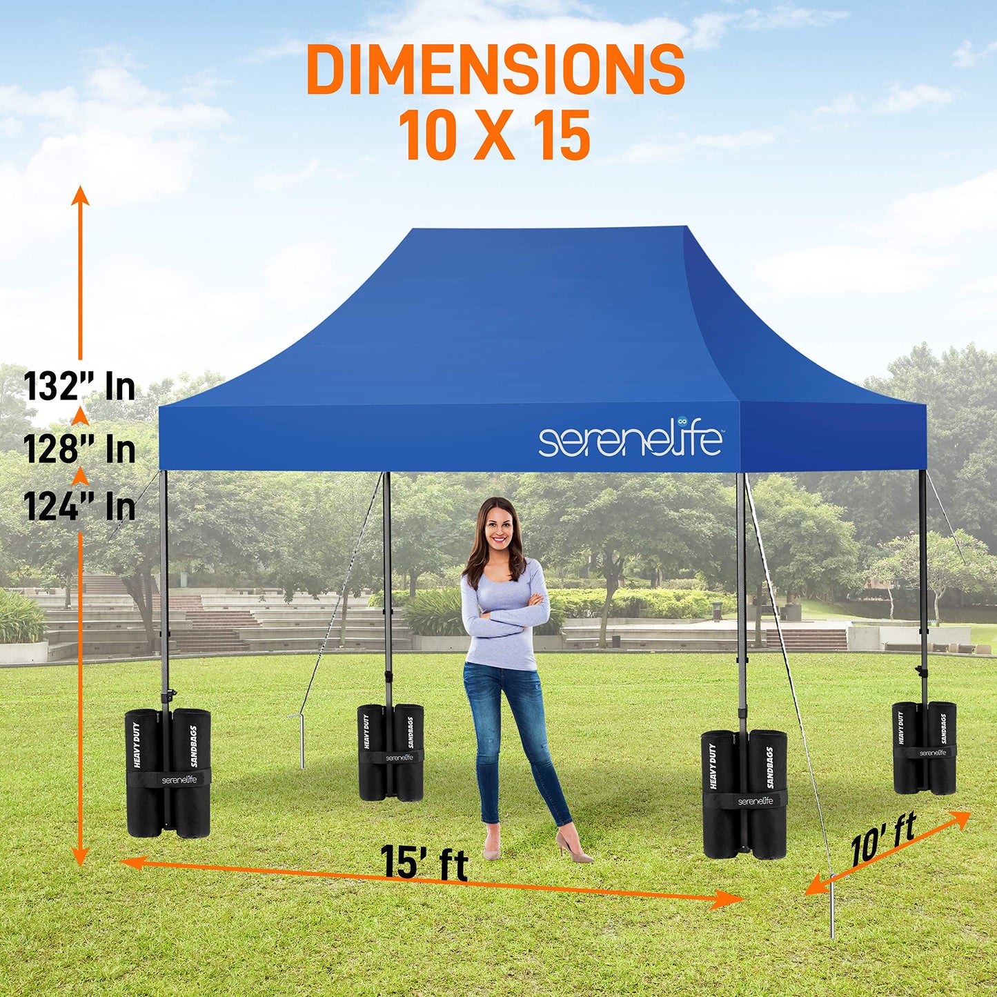 SereneLife Pop Up Canopy Tent 10x15 - Commercial Instant Shelter Foldable/Collapsible Sun Shade Canopy Pop Up Tent w/Waterproof Top, Portable Carry Bag & Sand Bag - SereneLife SLGZ15BU (Navy Blue)