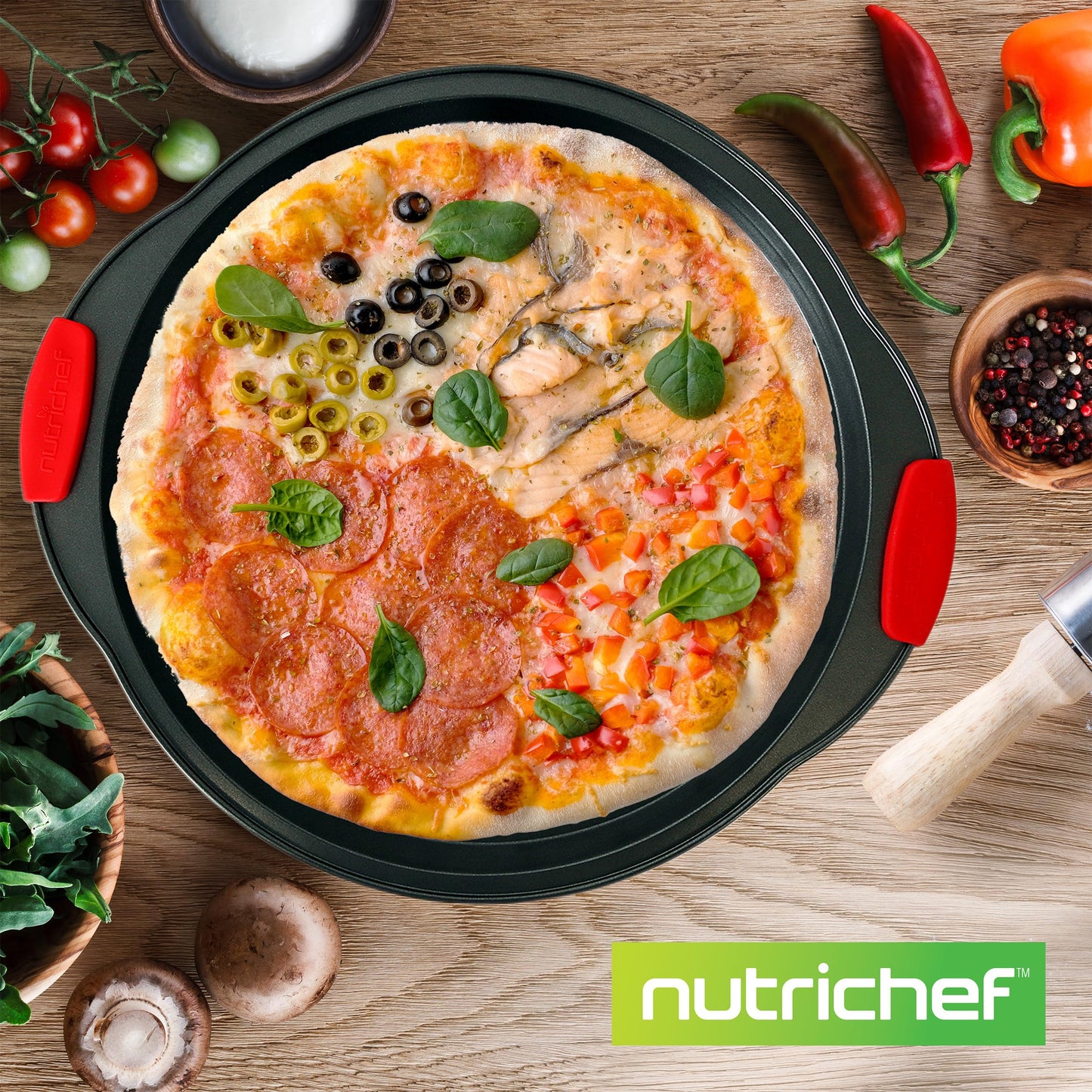 NutriChef 13-Inch Nonstick Pizza Tray - Round Carbon Steel Non-Stick Pizza Baking Pan with Perforated Holes, Premium Bakeware Pizza Screen with Silicone Grip Handles, Dishwasher Safe - NCBPIZ1