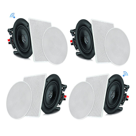 Pyle 5.25” 4 Bluetooth Flush Mount In-wall In-ceiling 2-Way Speaker System Quick Connections Changeable Round/Square Grill Polypropylene Cone & Tweeter Stereo Sound 4 Ch Amplifier 150 Watt (PDICBT256)