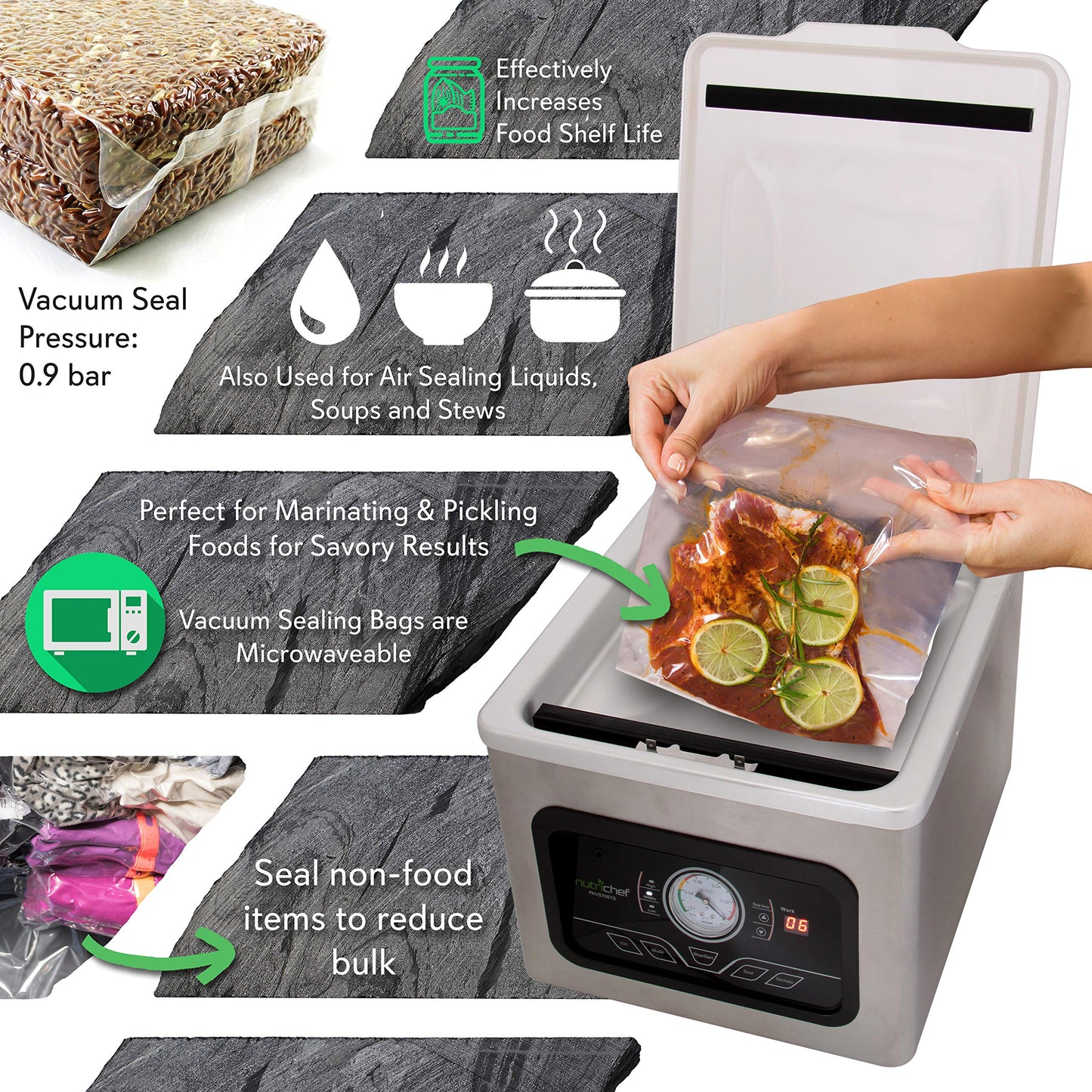 NutriChef Food Saver Vacuum Sealer Machine-Compact 350W Sous Vide Vacuum Sealer with 8L Chamber-Airtight Food Storage System for Home & Commercial Use, Includes Vacuum Sealer Bags, Rolls & Accessories