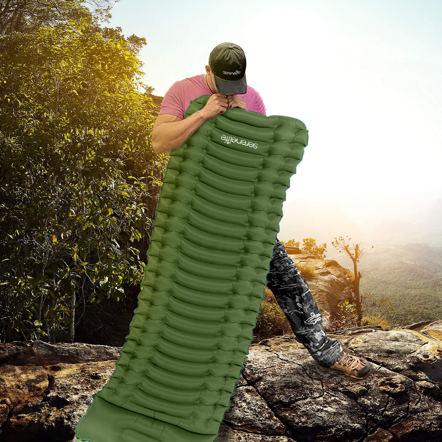 SereneLife Sleeping Pad with Pillow for Camping - Compact Sleeping Mat with Fast Inflation, Lightweight, and Tear-Resistant Backpacking Air Mattress with Carry Bag for Camping, Backpacking, Hiking