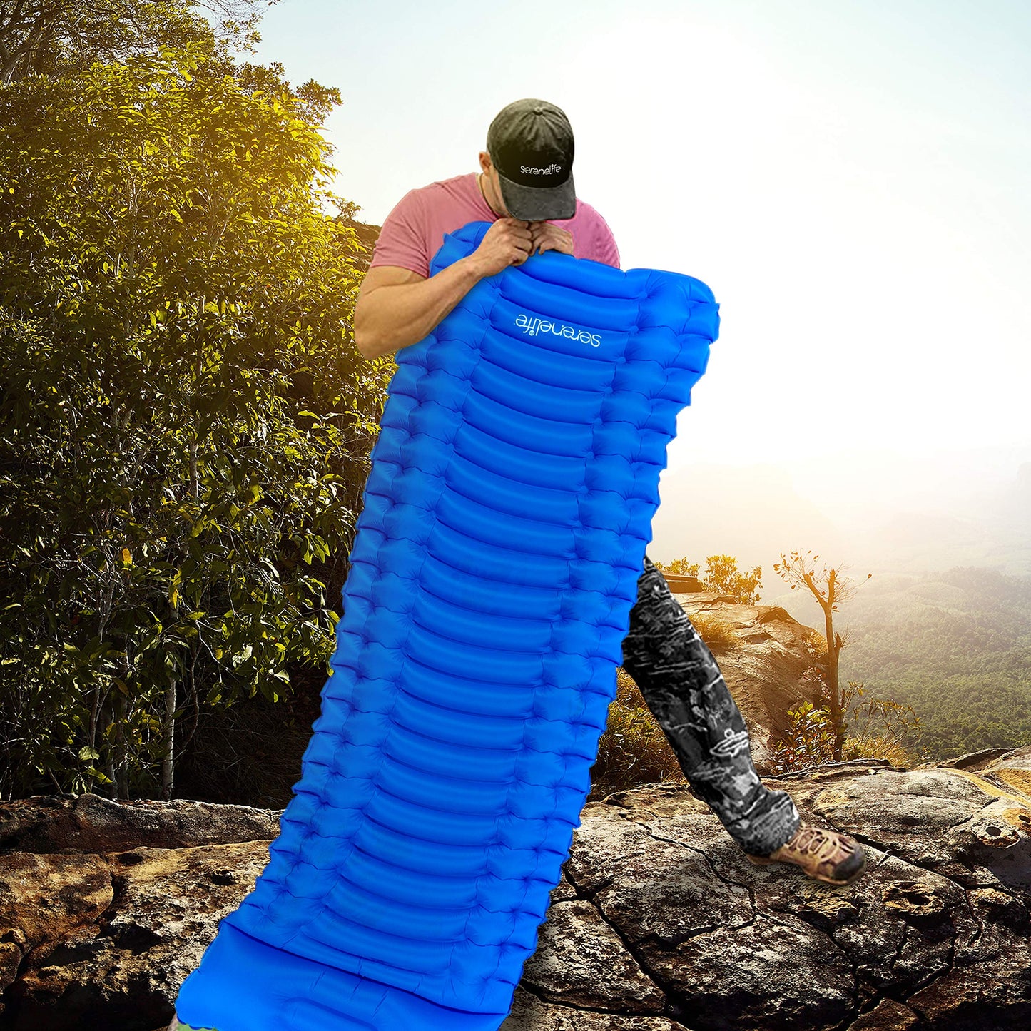 SereneLife Sleeping Pad for Camping - Compact Sleeping Mat with Quick-Inflating, Lightweight, and Tear-Resistant Backpacking Air Mattress with Carrying Bag for Camping, Backpacking, Hiking