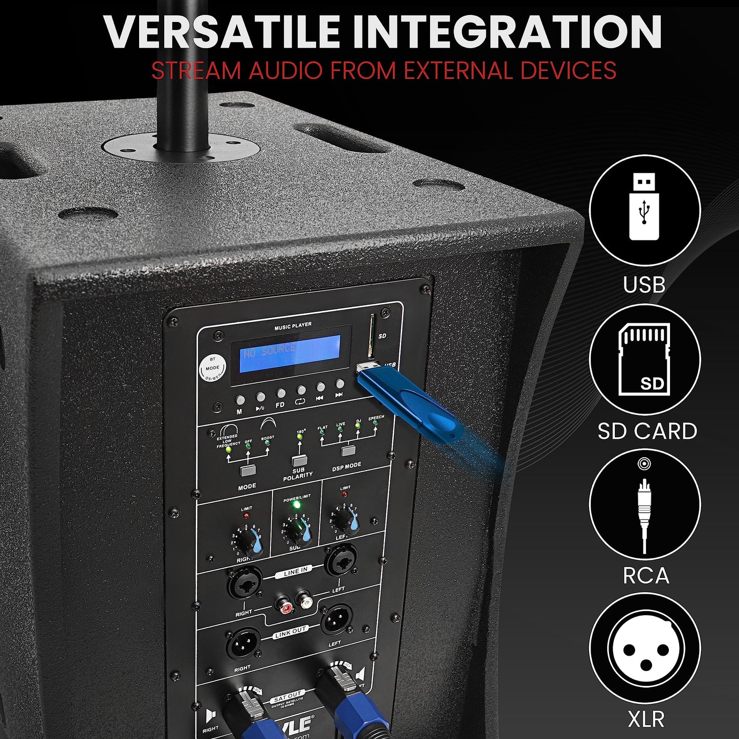 Pyle Line Array Column Speaker - Professional and Compact Sound System with 1x10'' Subwoofer, 2x4” Full Range Driver Built-in Digital Audio Amplifier with 4 Band DSP Presets