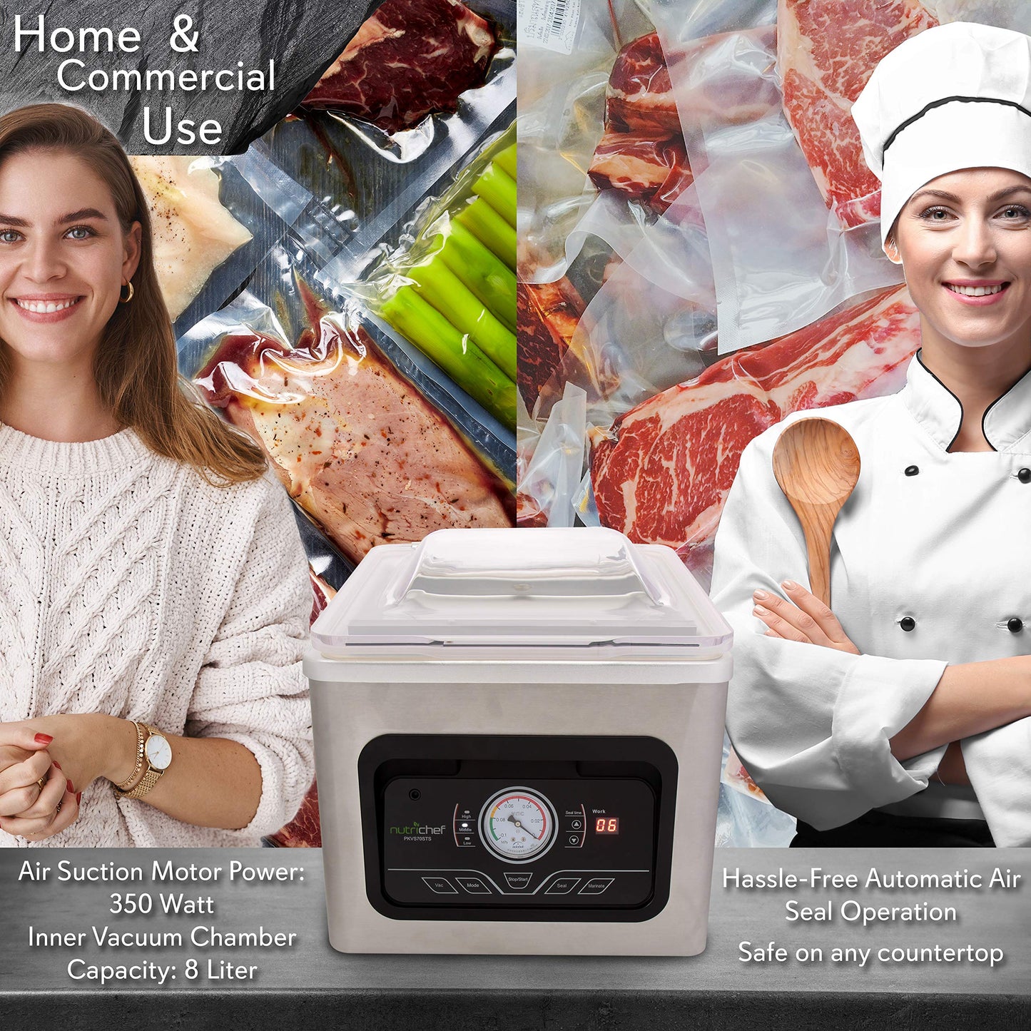 NutriChef Food Saver Vacuum Sealer Machine-Compact 350W Sous Vide Vacuum Sealer with 8L Chamber-Airtight Food Storage System for Home & Commercial Use, Includes Vacuum Sealer Bags, Rolls & Accessories