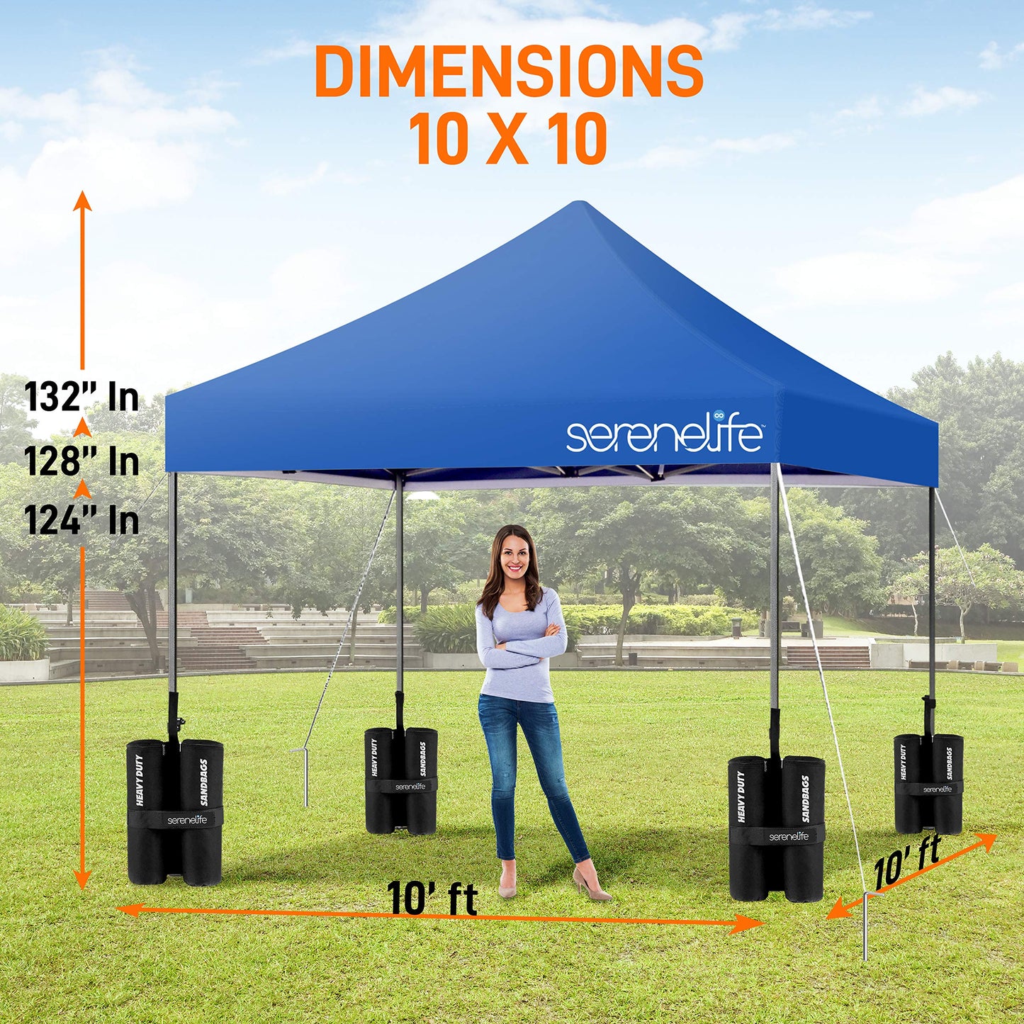 Pop Up Canopy Tent 10x10 - Commercial Instant Shelter Foldable/Collapsible Sun Shade Canopy Pop Up Tent w/Waterproof UV Resistant Top, Portable Carry Bag & Sand Bag - SereneLife SLGZ10BU (Navy Blue)