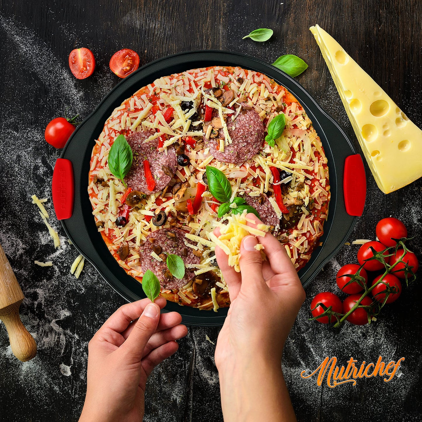 NutriChef 13-Inch Nonstick Pizza Tray - Round Carbon Steel Non-Stick Pizza Baking Pan with Perforated Holes, Premium Bakeware Pizza Screen with Silicone Grip Handles, Dishwasher Safe - NCBPIZ1