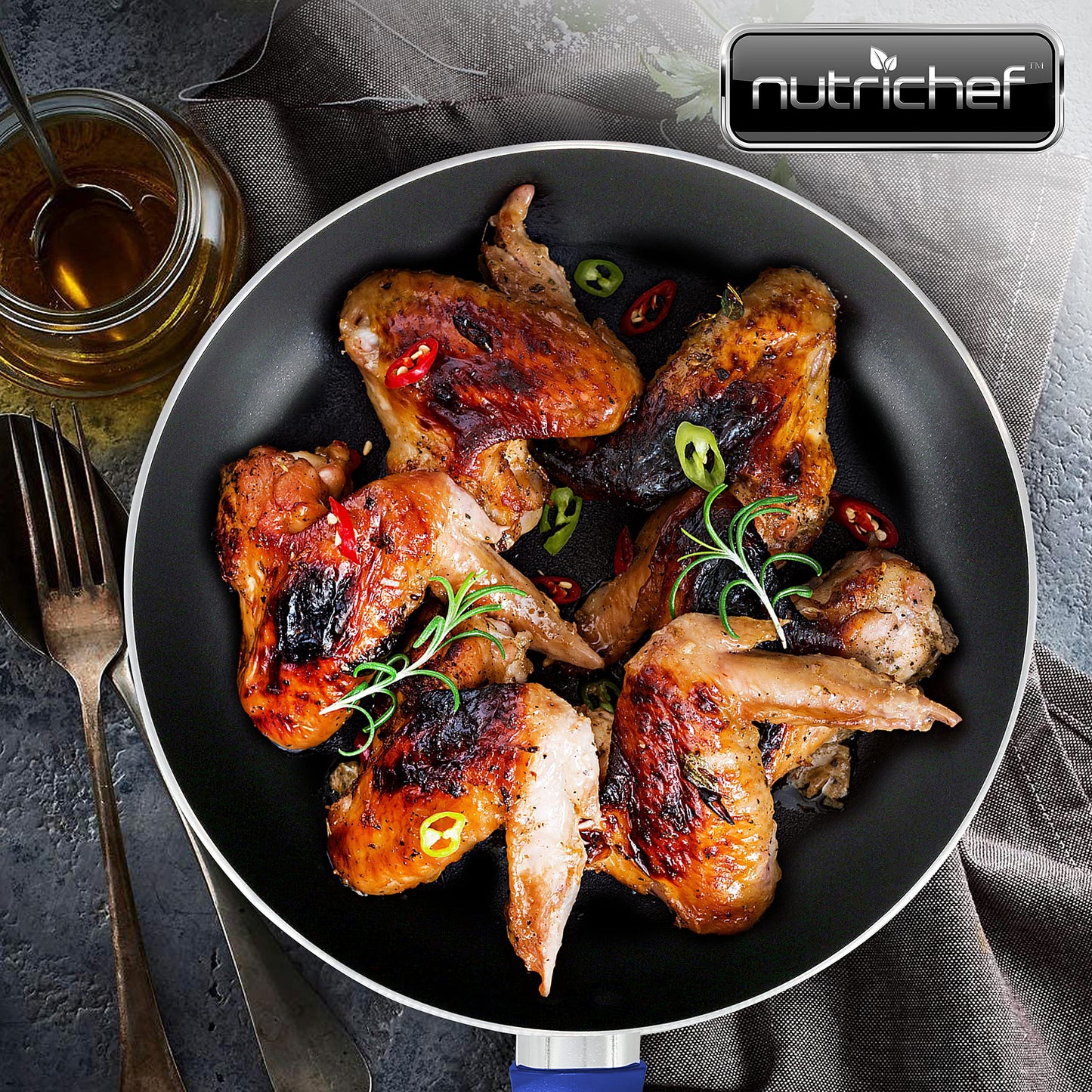 NutriChef 10'' Large Open Fry Pan - Non-Stick High-Qualified Kitchen Cookware with Black Inside and Blue Outside (Works with Model: NCCWA13BU)